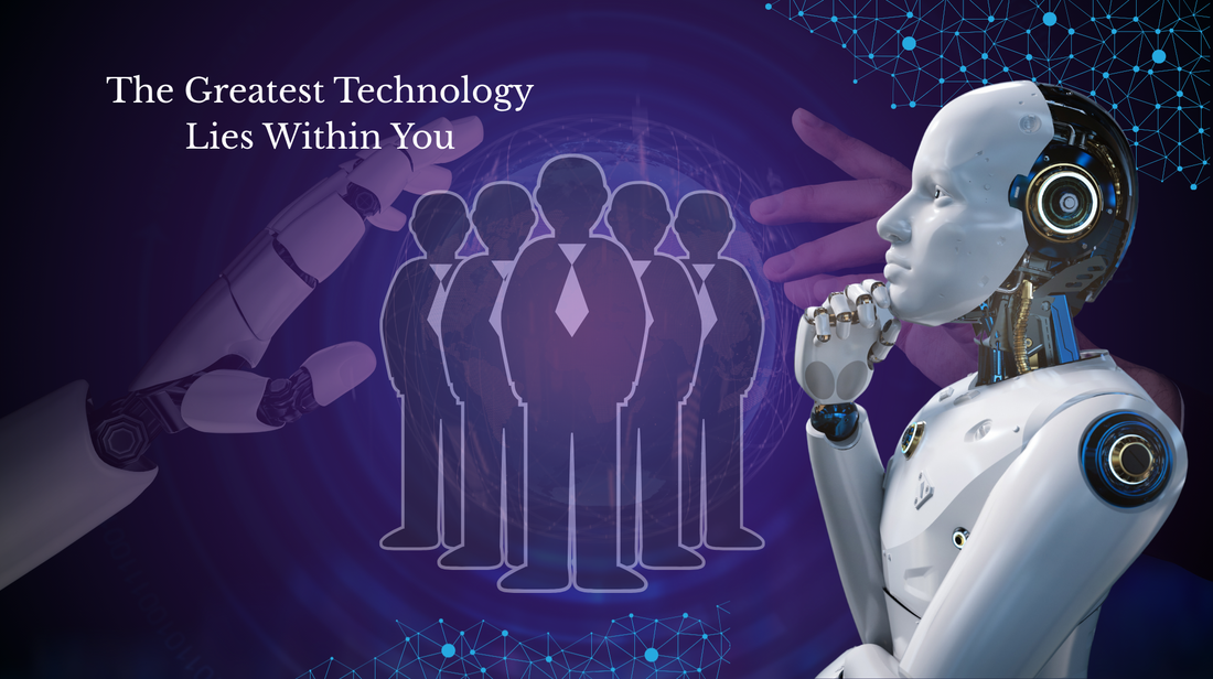 Conceptual digital artwork featuring a humanoid robot facing a group of silhouetted workers surrounded by futuristic technology graphics with the phrase “The Greatest Technology Lies Within You.”