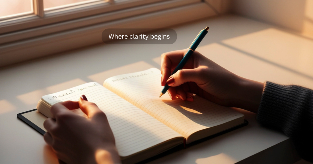 Person writing in a journal by a window in soft natural light, representing clarity, reflection, and intentional living