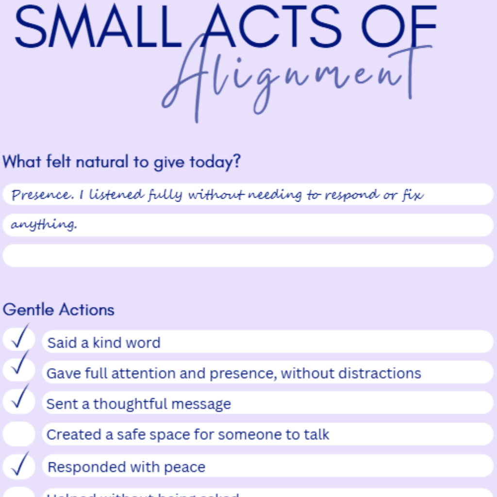 Close-up of Level 369 Collective Gratitude Journal interior page showing daily prompts for what felt natural to give today and gentle actions.