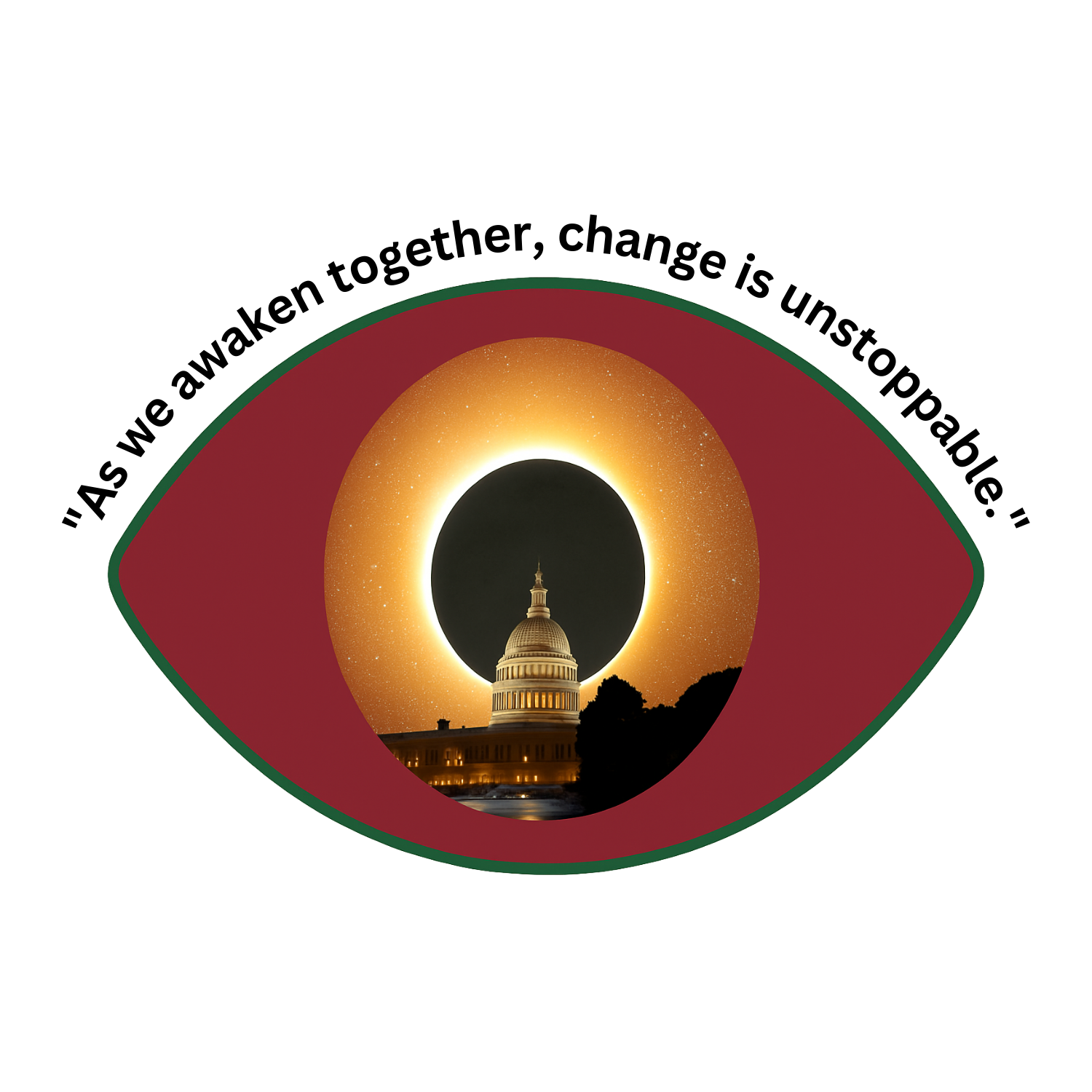 As We Awaken Together mug featuring an eye symbol with a glowing eclipse and the phrase “As we awaken together, change is unstoppable.”