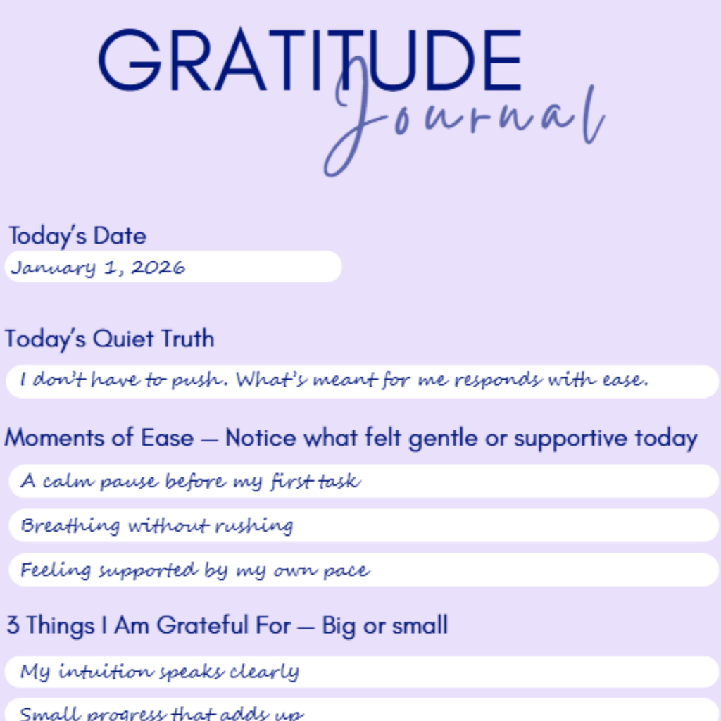 Close-up of Level 369 Collective Gratitude Journal interior page showing daily prompts for date, quiet truth, moments of ease, and 3 things I am grateful for.