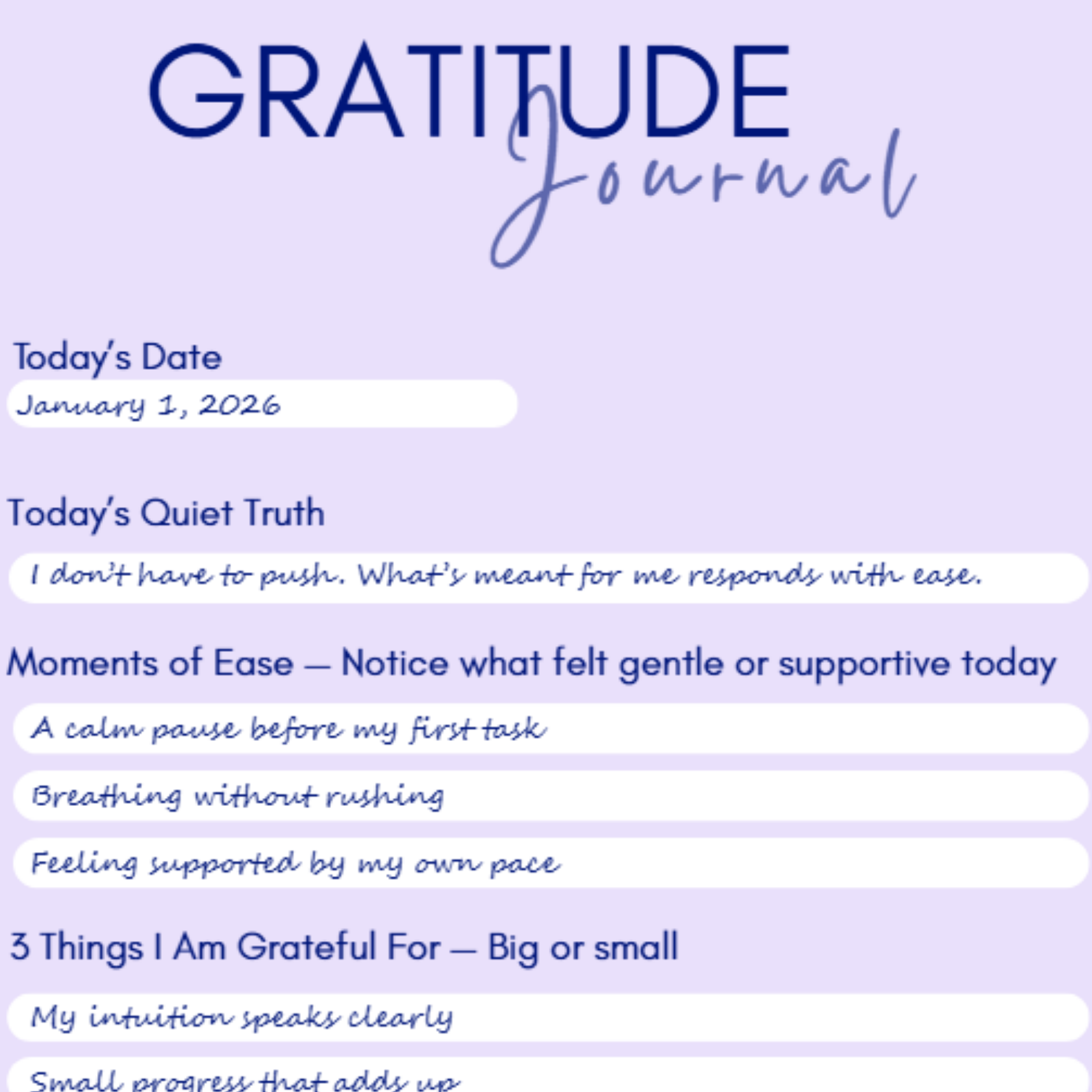 Close-up of Level 369 Collective Gratitude Journal interior page showing daily prompts for date, quiet truth, moments of ease, and 3 things I am grateful for.
