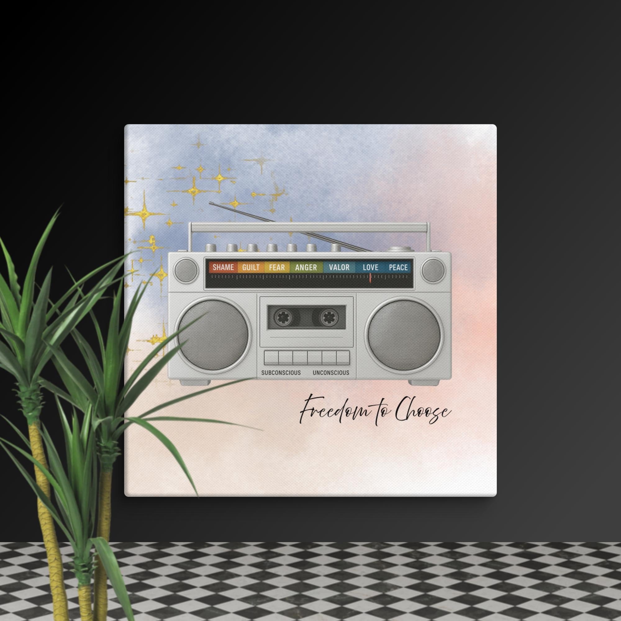 Canvas print featuring a retro radio symbolizing emotional frequency levels from fear to love, with the phrase “Freedom to Choose.” 