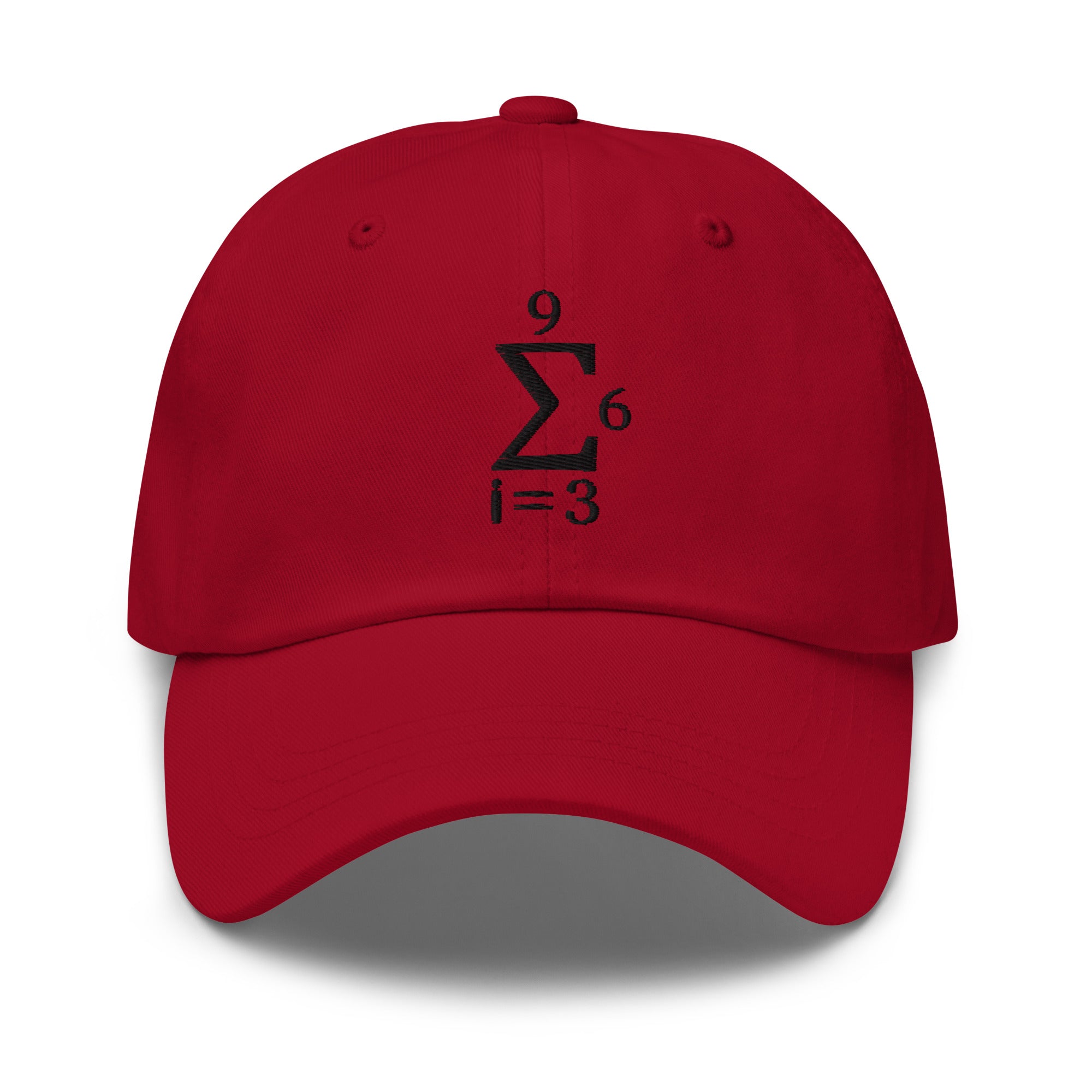 Red dad hat featuring the 'summation symbol' design.