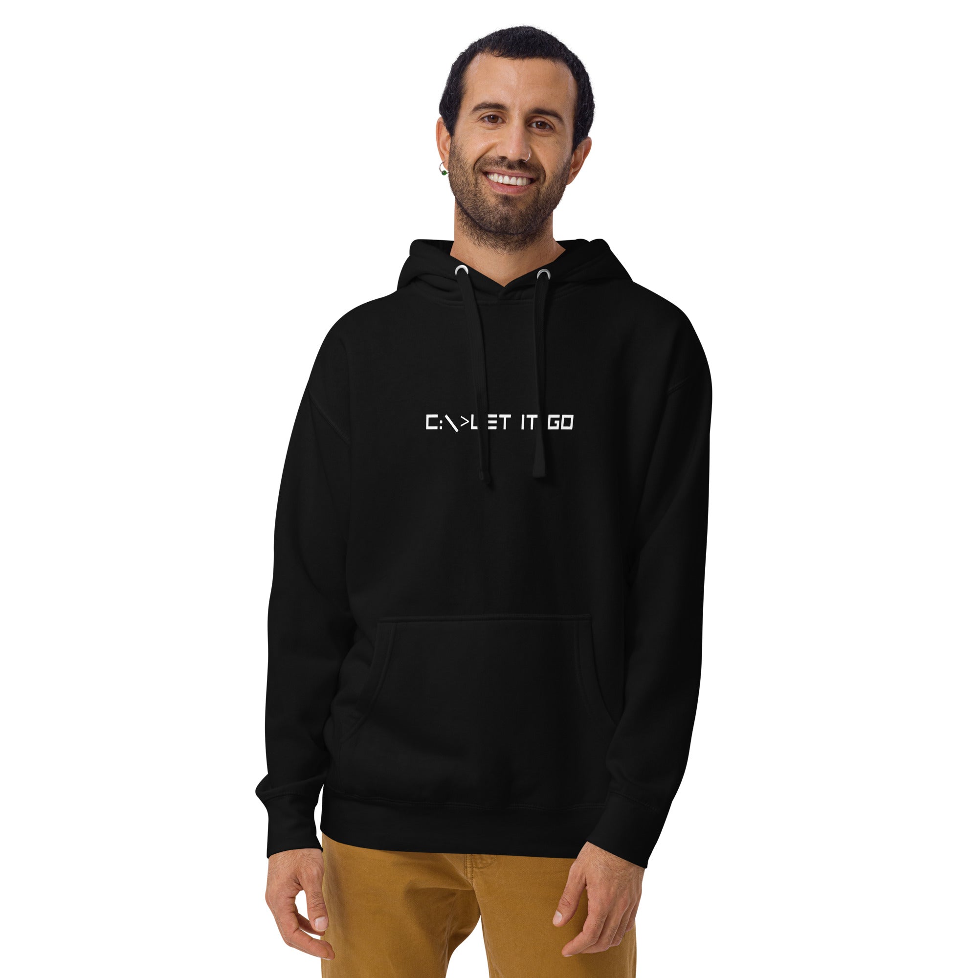 Unisex hoodie featuring the phrase 'C:\>LET IT GO' in DOS computer-style text.