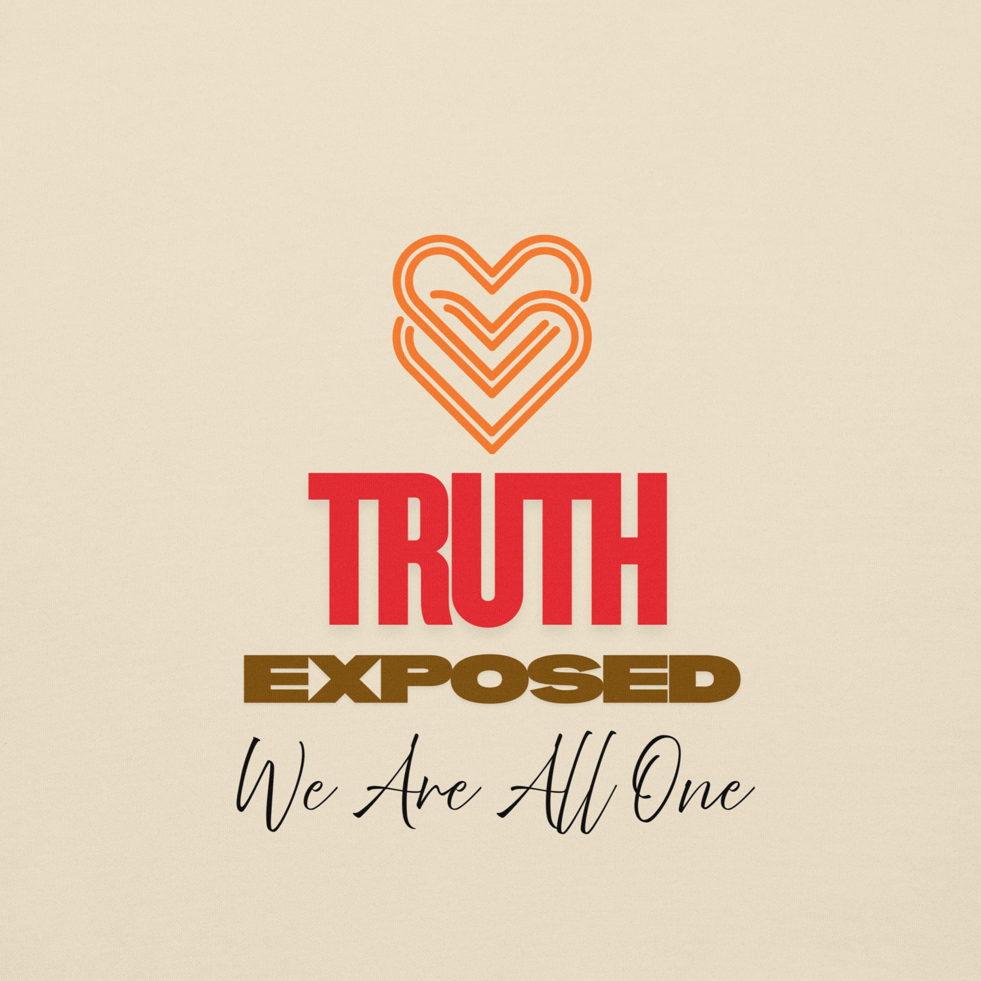 Close up of the Double heart logo & truth exposed phrase printed on the front of a Unisex hoodie.