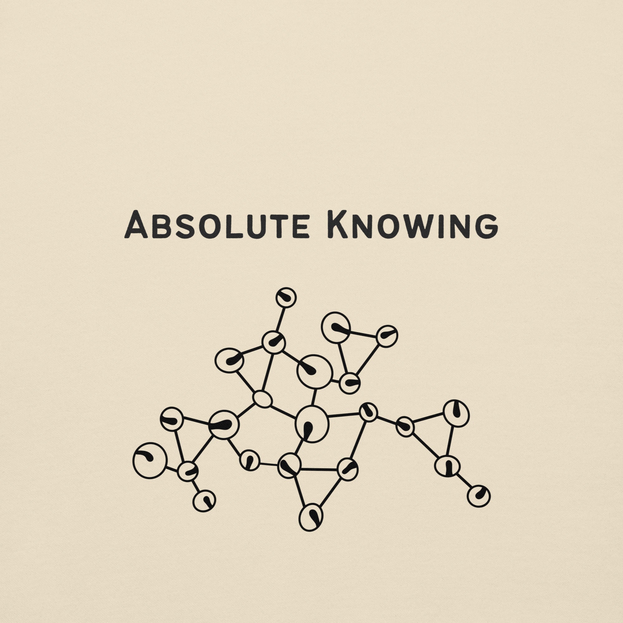 Close-up view of the phrase “Absolute Knowing” with an abstract interconnected line illustration on white fabric.