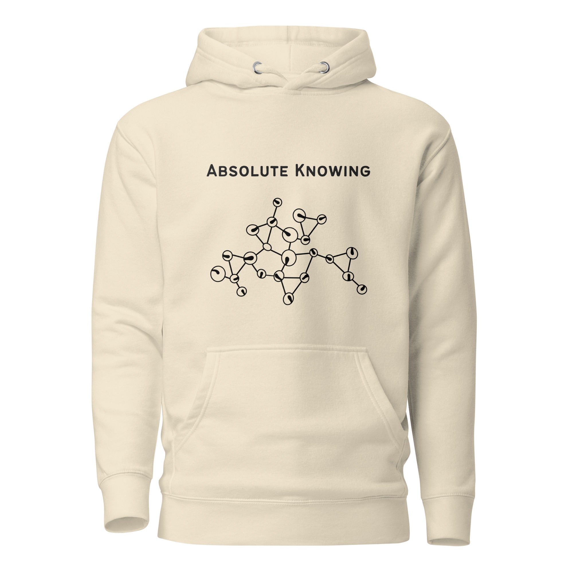 Off-white unisex hoodie featuring the phrase “Absolute Knowing” above an abstract molecular-style line illustration.