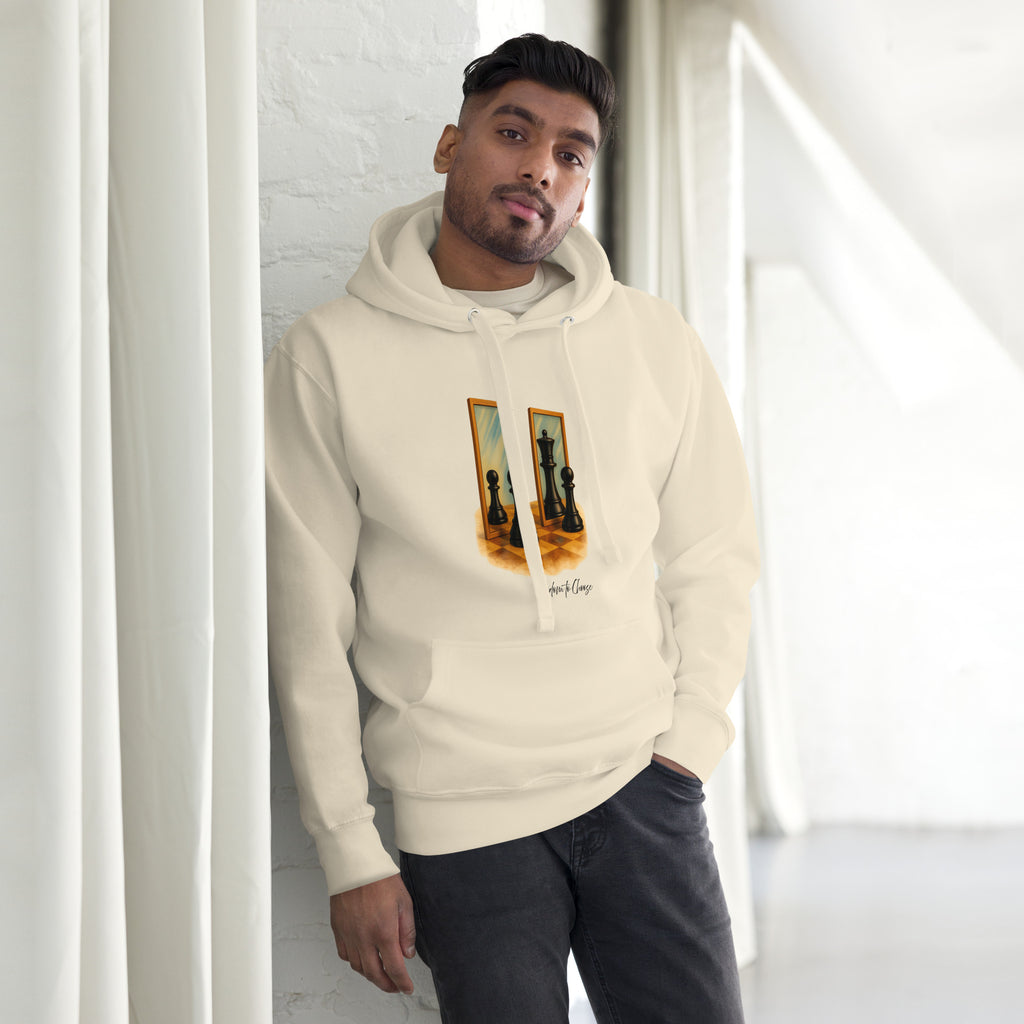 Unisex hoodie featuring a symbolic chessboard design with pawns facing mirrors.