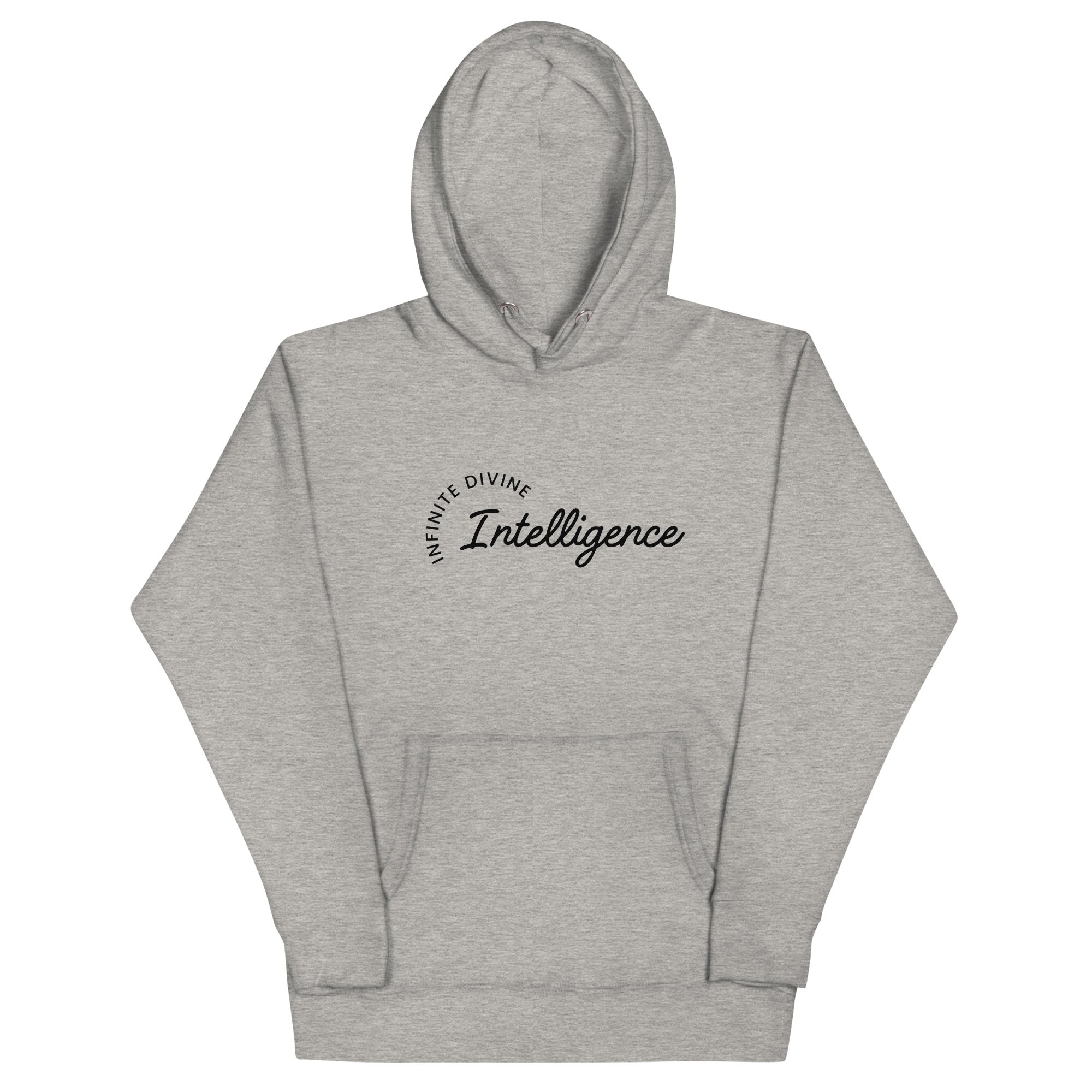 Grey unisex hoodie featuring the phrase 'Infinite Divine Intelligence.'