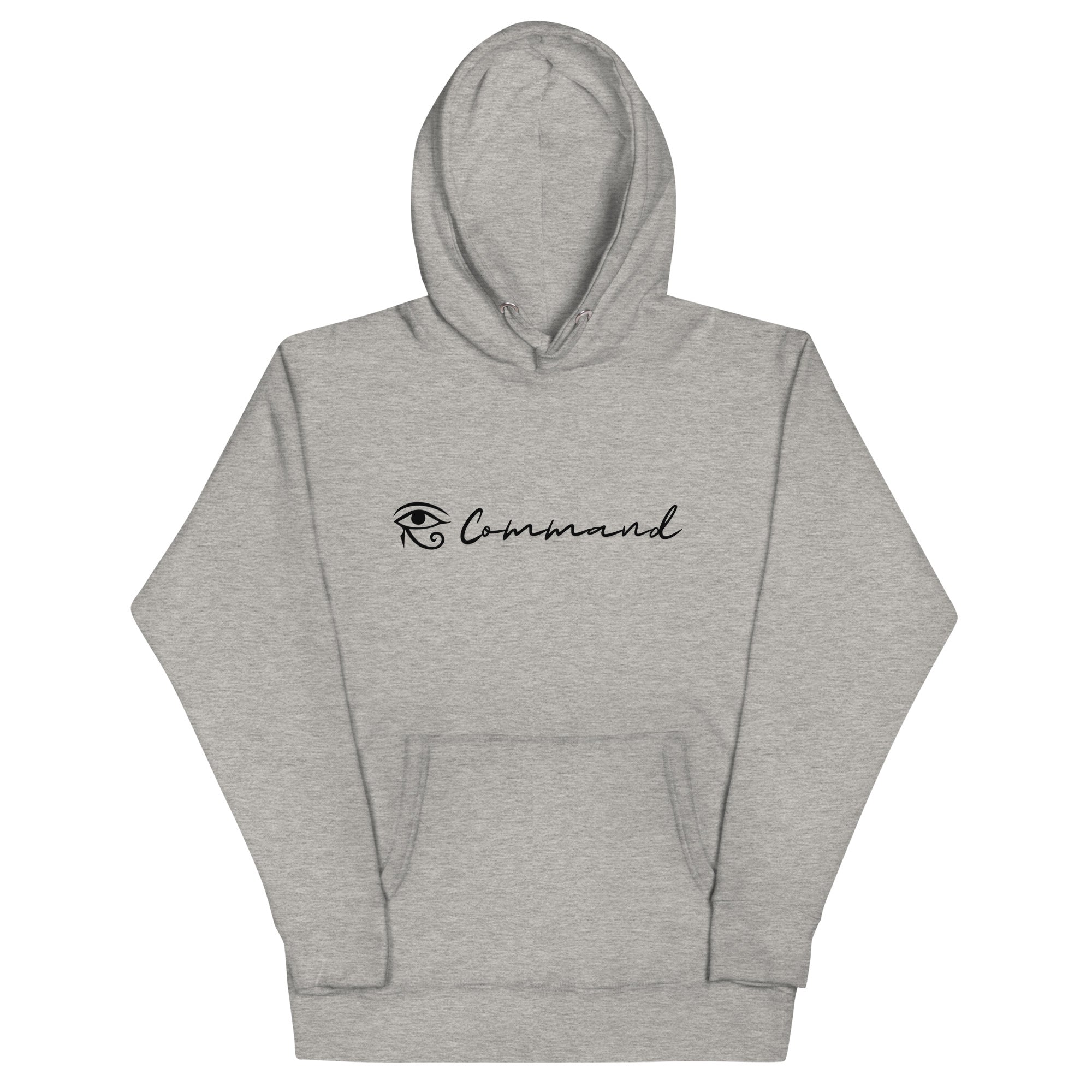 Grey unisex hoodie featuring the word 'Command' with an eye of Horus symbol.