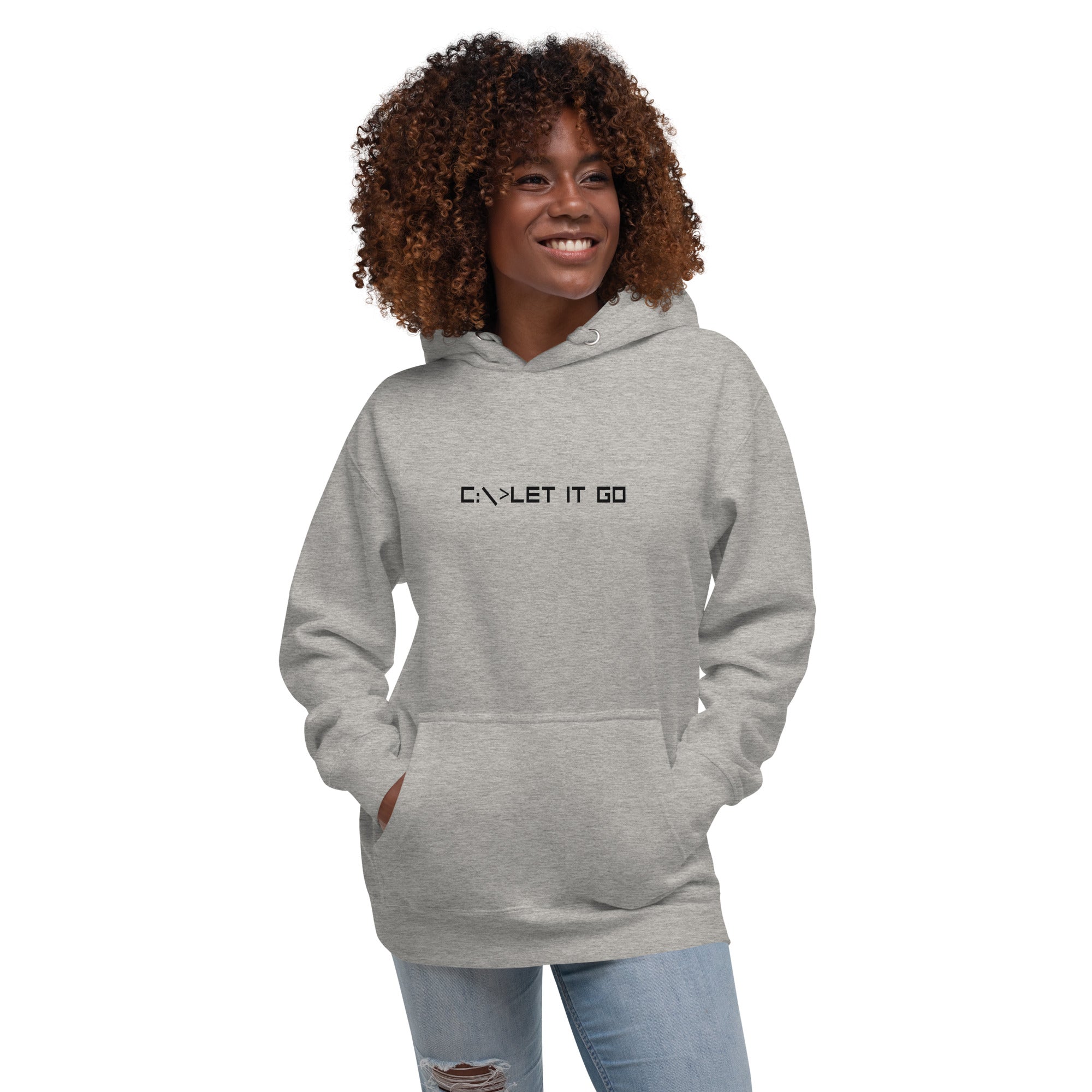 Grey unisex hoodie featuring the phrase 'C:\>LET IT GO' in DOS computer-style text.