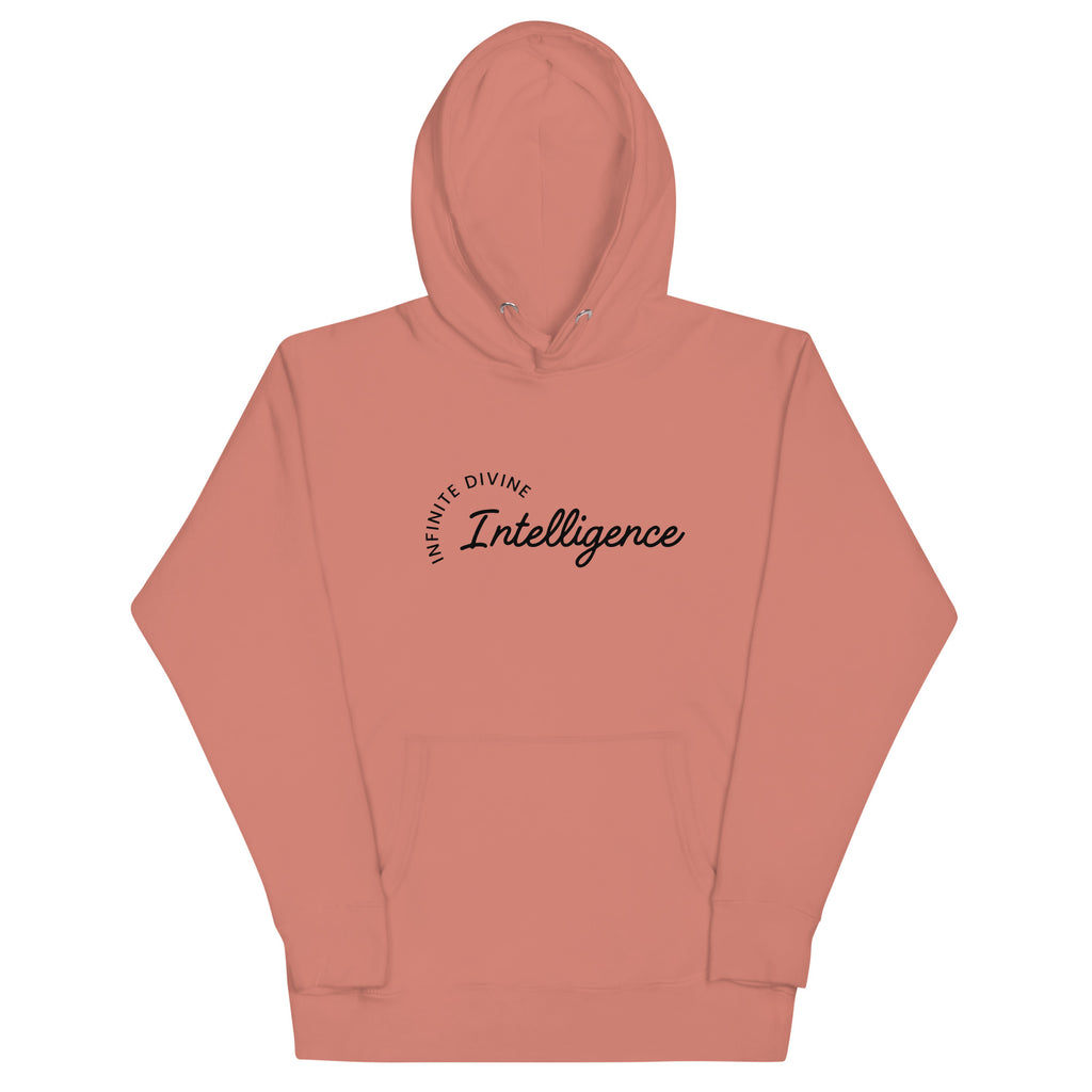 Dusty rose unisex hoodie featuring the phrase 'Infinite Divine Intelligence.'