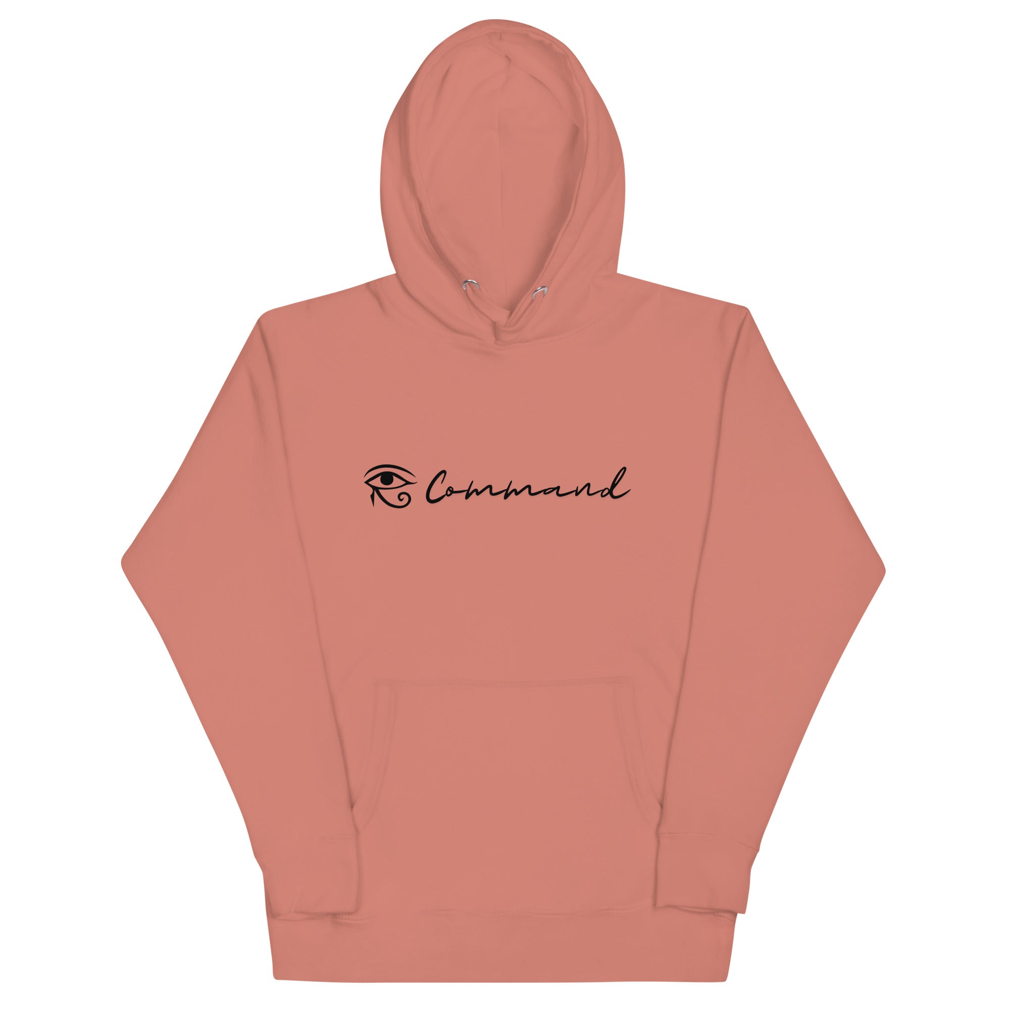 Dusty rose unisex hoodie featuring the word 'Command' with an eye of Horus symbol.