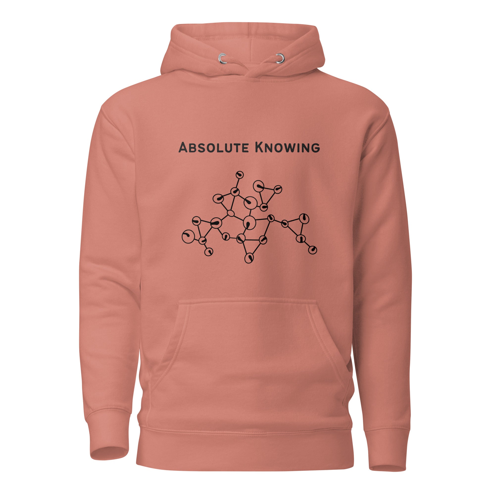 Dusty rose unisex hoodie featuring the phrase “Absolute Knowing” above an abstract molecular-style line illustration.