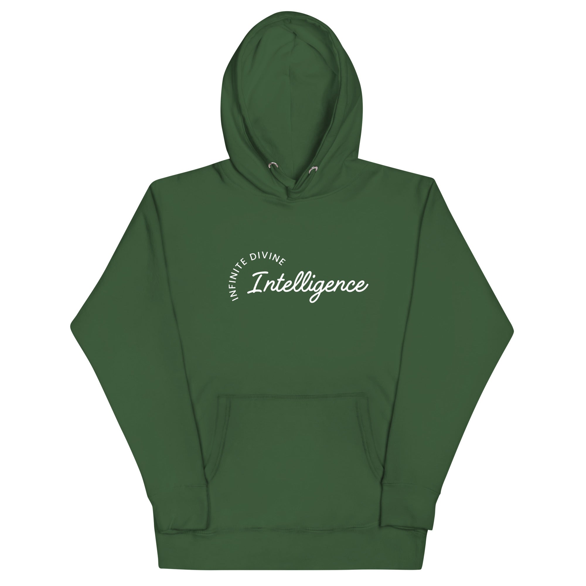 Green unisex hoodie featuring the phrase 'Infinite Divine Intelligence.'