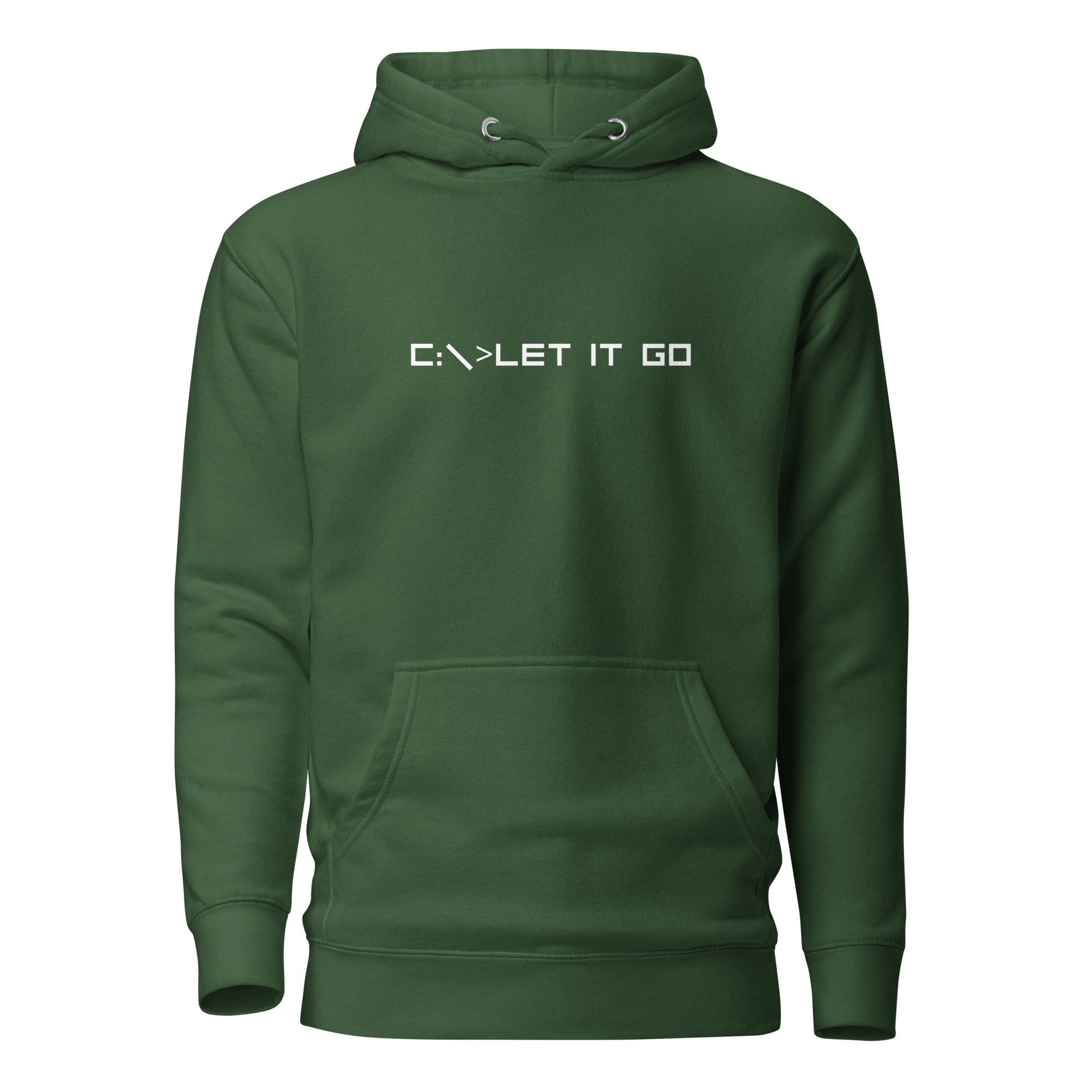 Green unisex hoodie featuring the phrase 'C:\>LET IT GO' in DOS computer-style text.