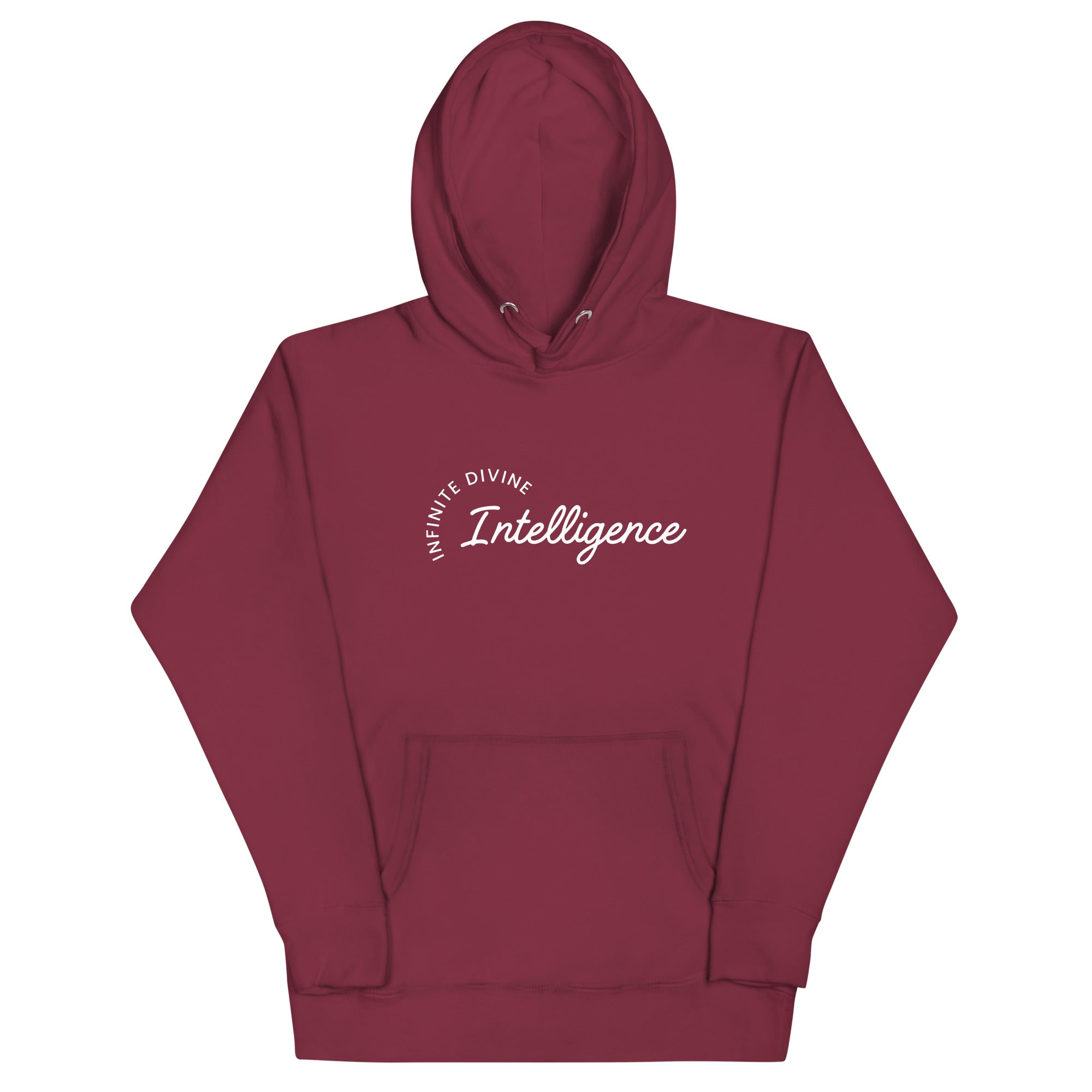 Maroon unisex hoodie featuring the phrase 'Infinite Divine Intelligence.'