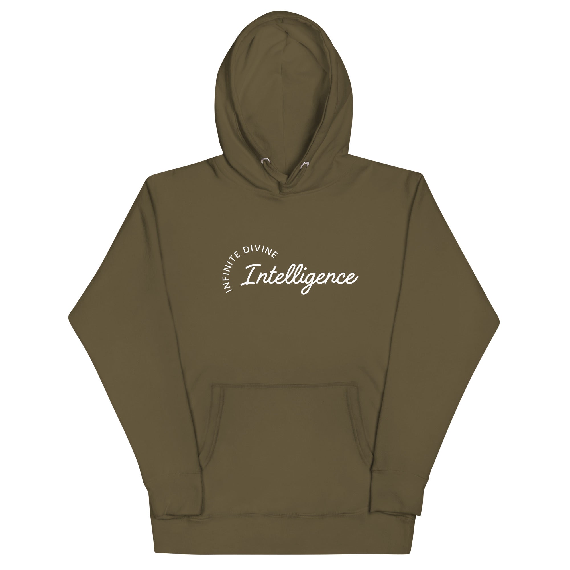 Military green unisex hoodie featuring the phrase 'Infinite Divine Intelligence.'