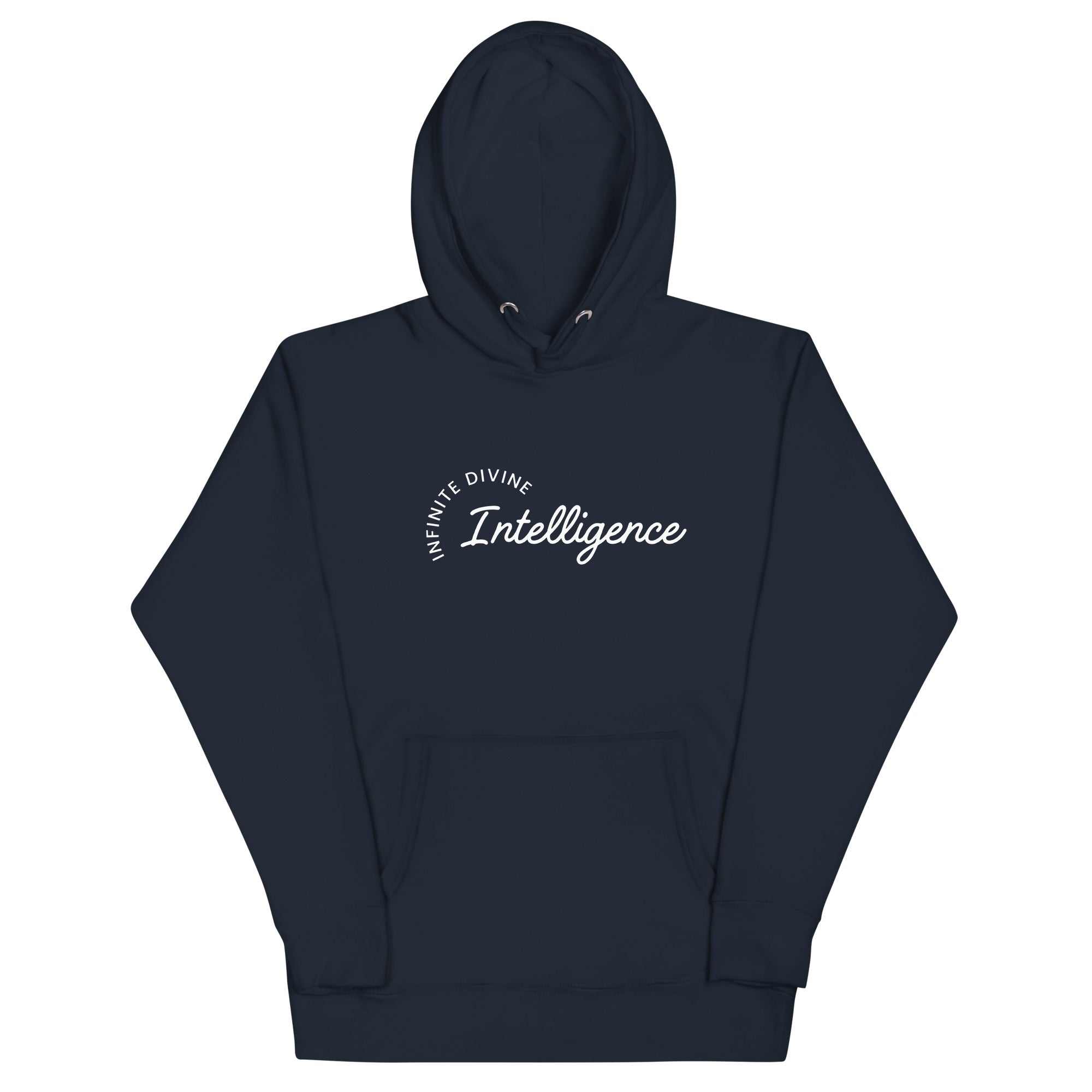 Navy blue unisex hoodie featuring the phrase 'Infinite Divine Intelligence.'