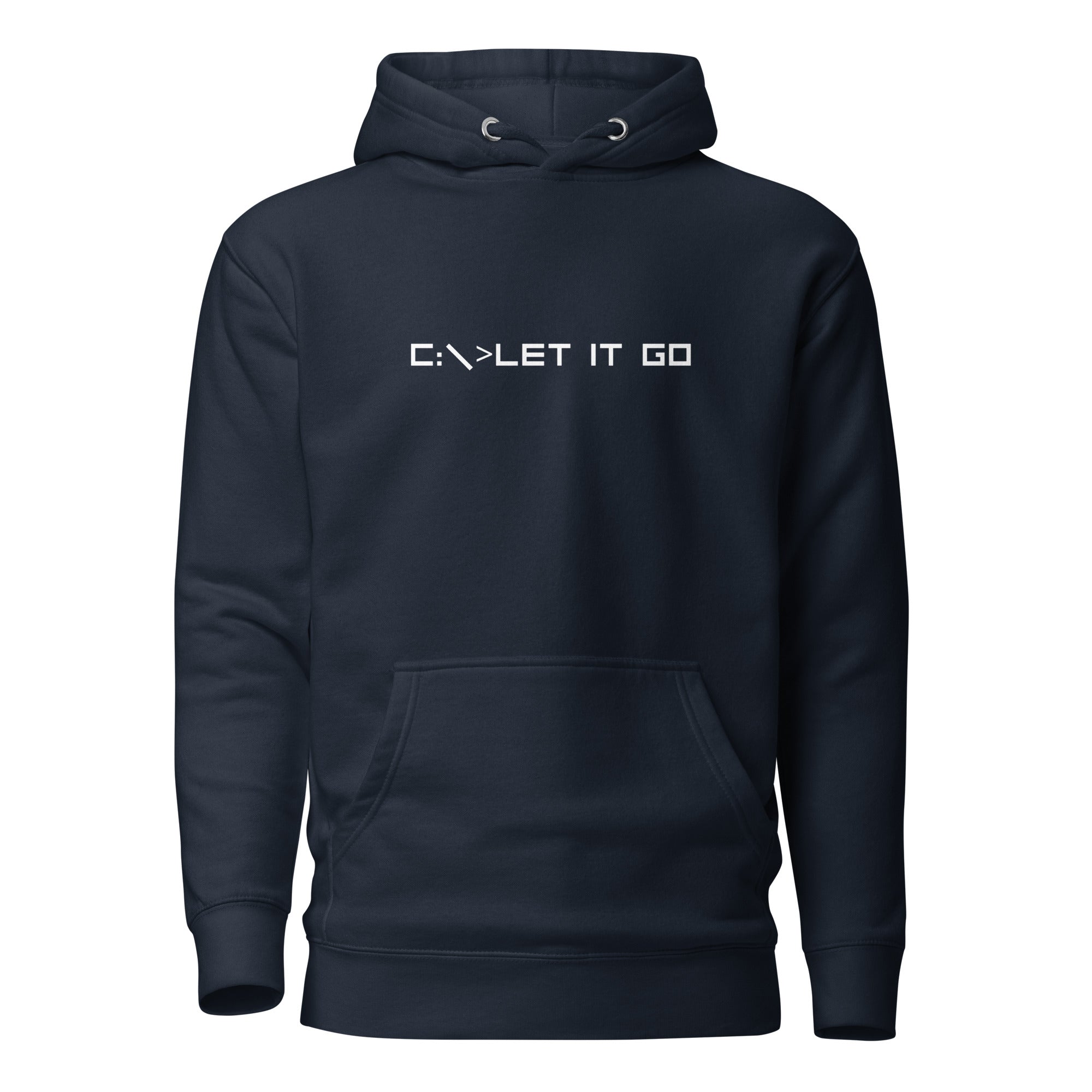Navy blue unisex hoodie featuring the phrase 'C:\>LET IT GO' in DOS computer-style text.