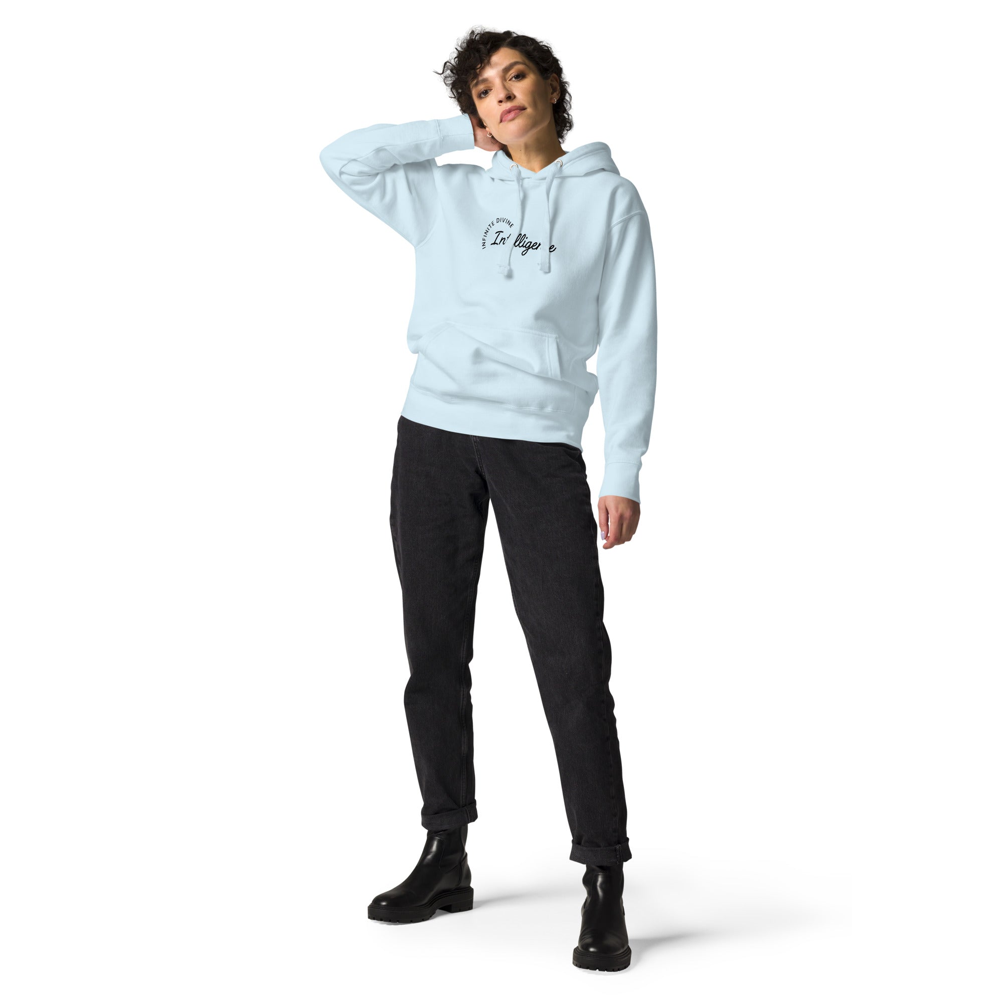 Light blue unisex hoodie featuring the phrase 'Infinite Divine Intelligence.'