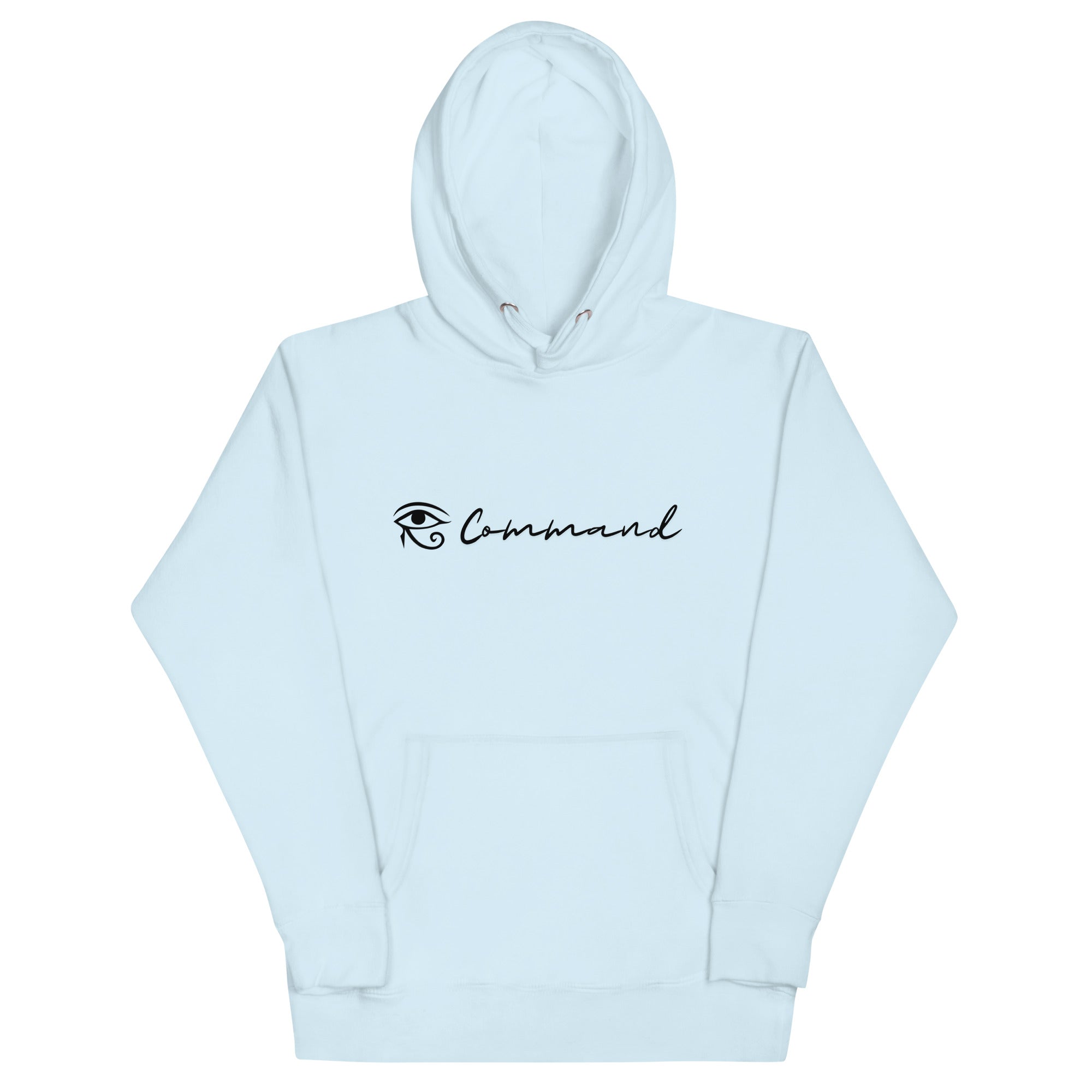 Light blue unisex hoodie featuring the word 'Command' with an eye of Horus symbol.