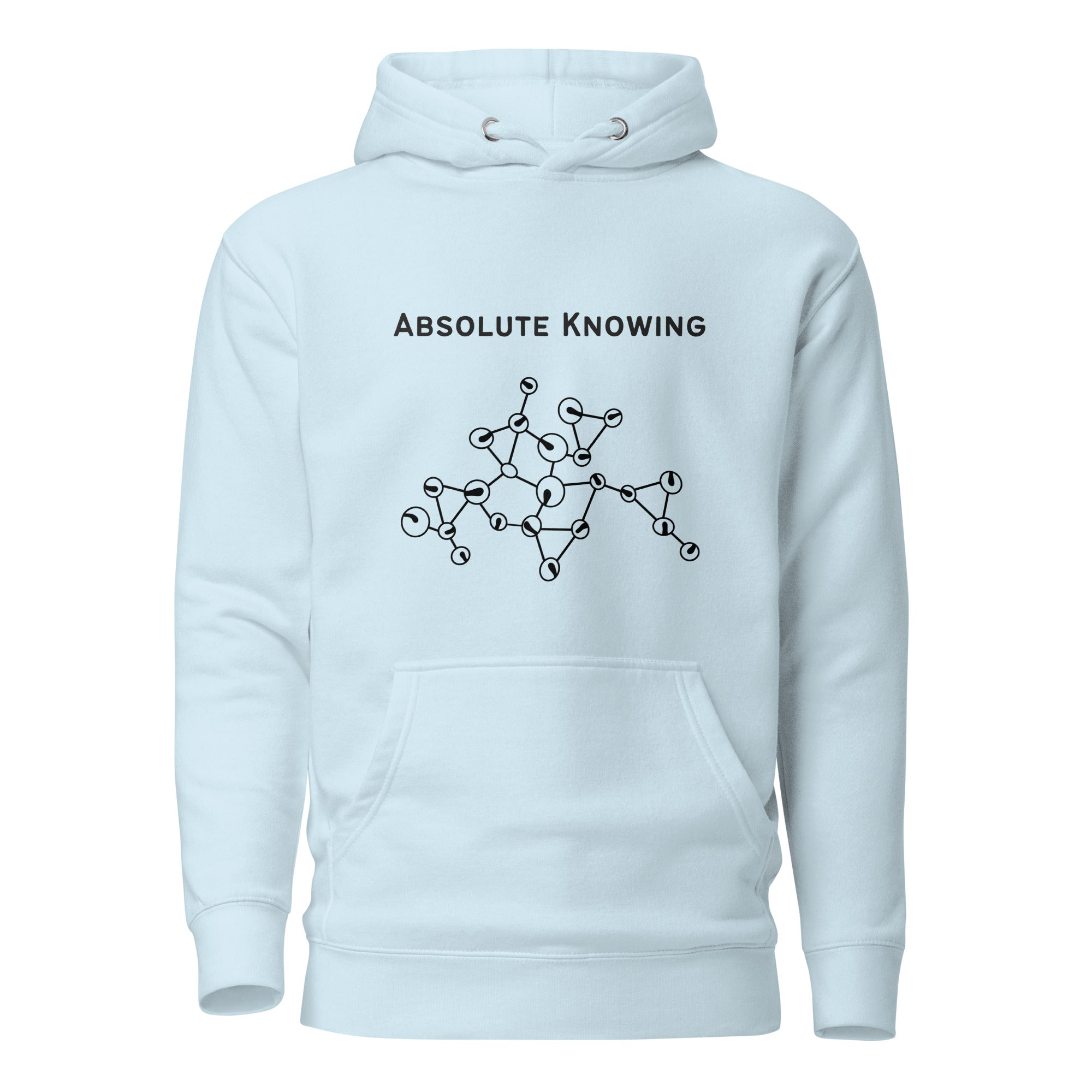 Light blue unisex hoodie featuring the phrase “Absolute Knowing” above an abstract molecular-style line illustration.