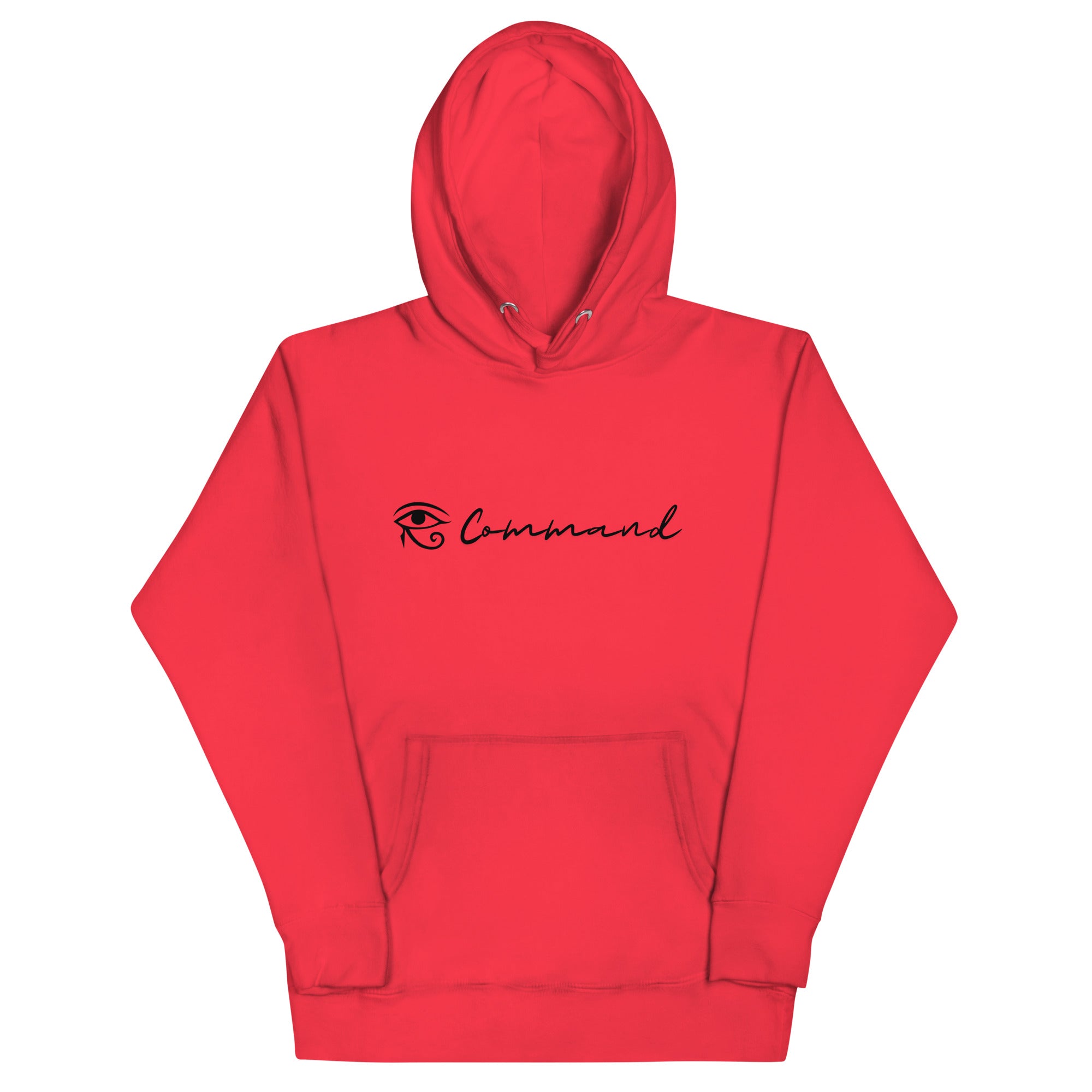 Red unisex hoodie featuring the word 'Command' with an eye of Horus symbol.