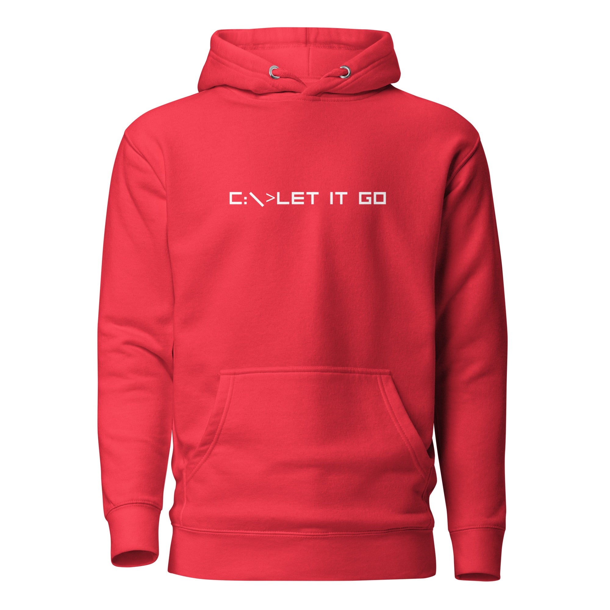 Red unisex hoodie featuring the phrase 'C:\>LET IT GO' in DOS computer-style text.