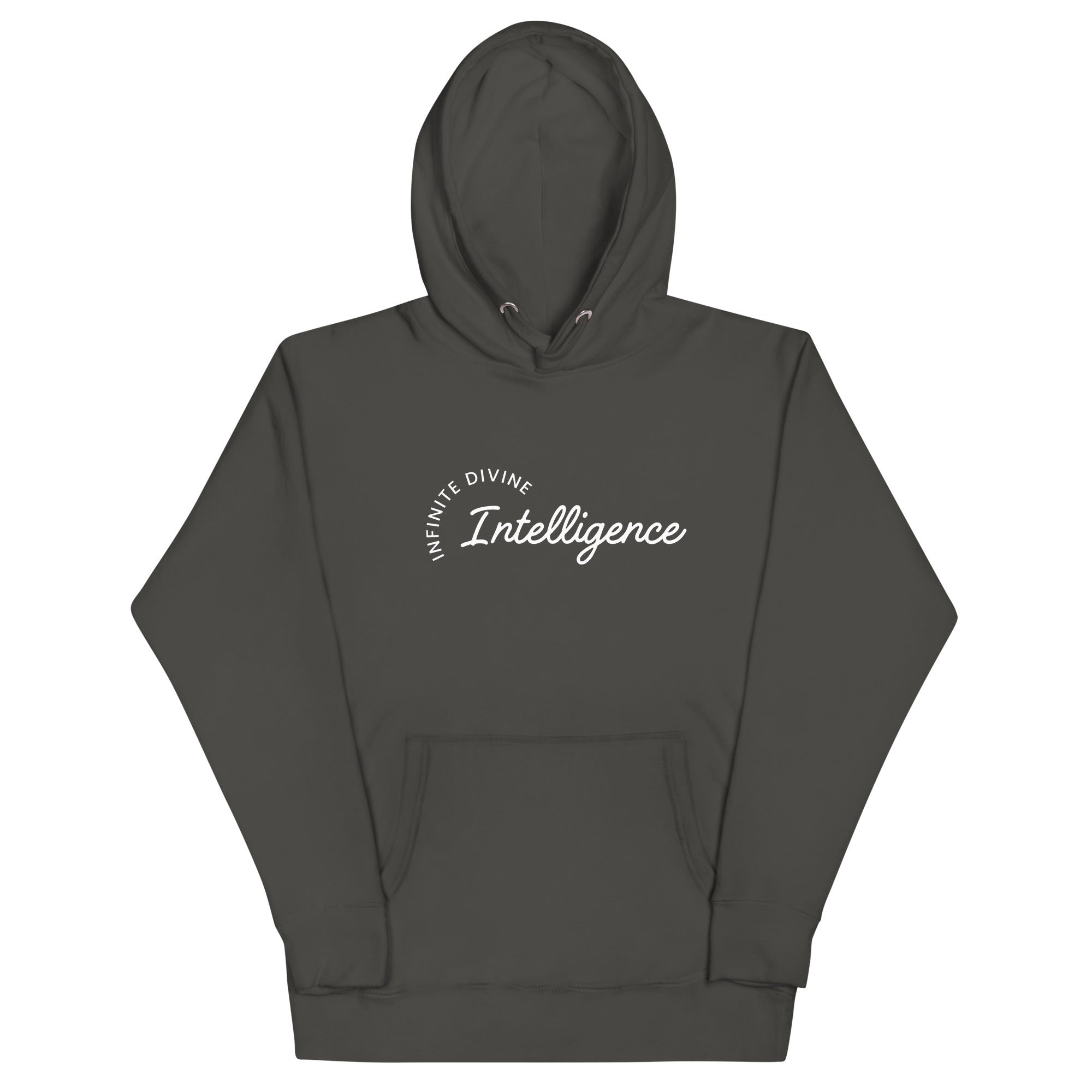 Dark grey unisex hoodie featuring the phrase 'Infinite Divine Intelligence.'