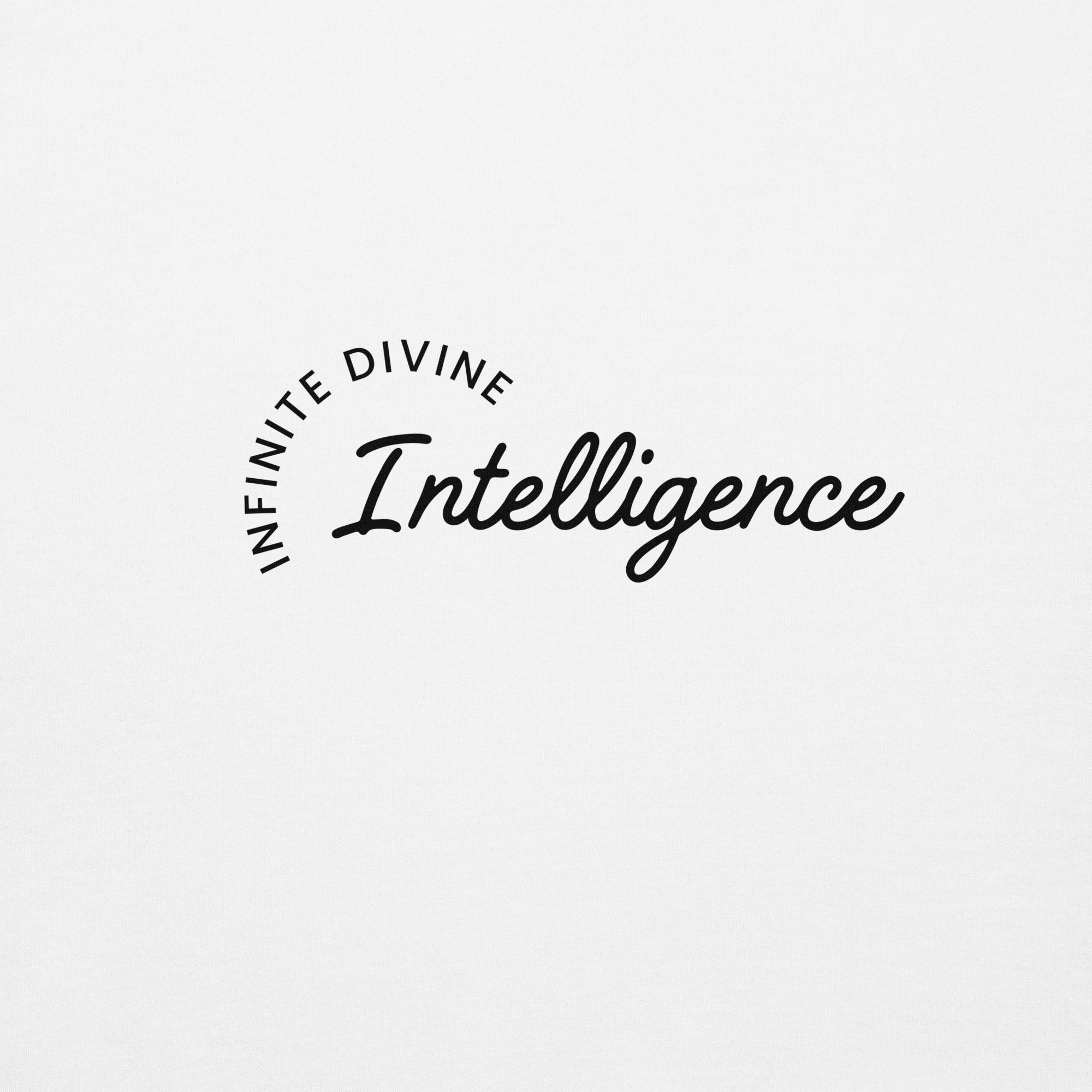 Close up of the Infinite Divine Intelligence phrase printed on the front of a Unisex hoodie.