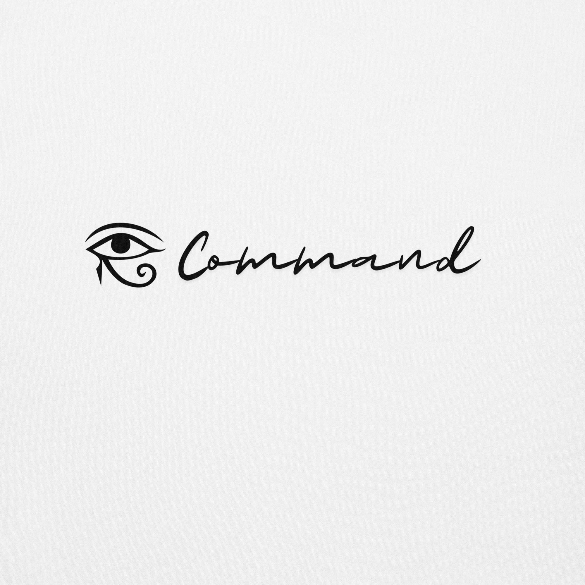 Close-up of the “Command” design with Eye of Horus symbol printed on a unisex hoodie.