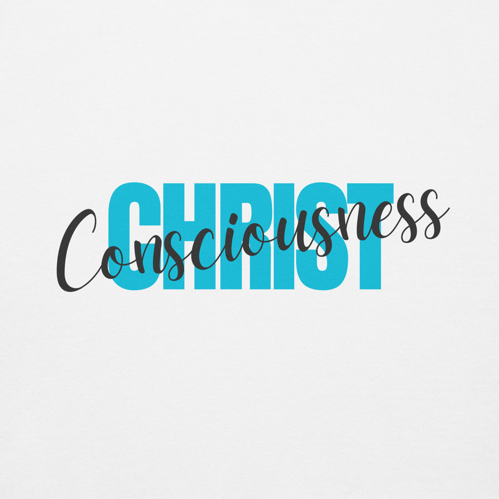 Close-up of the word ‘CHRIST’ in large bold turquoise capital letters on a white background, with the word ‘Consciousness’ written diagonally across it in black cursive script.