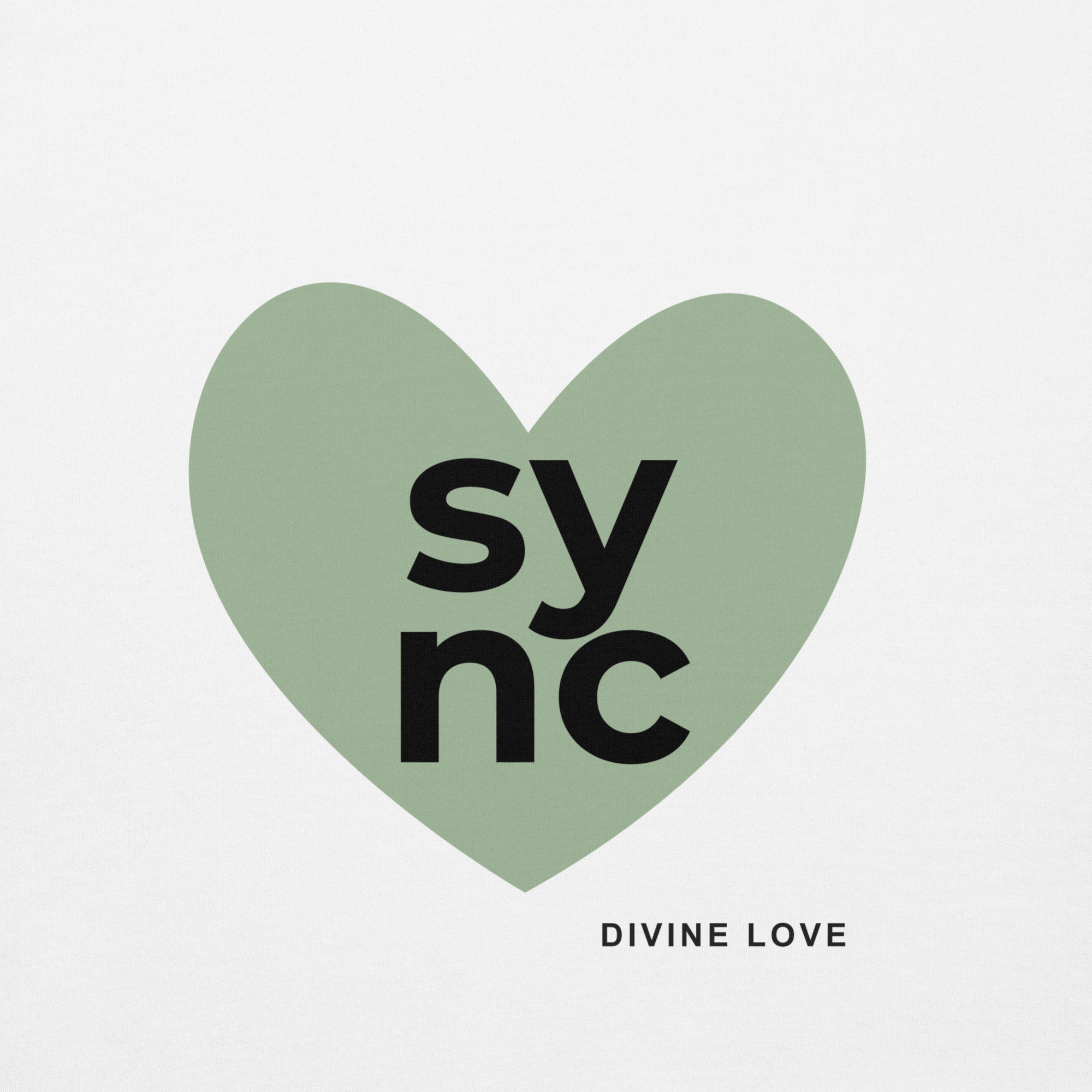 Close-up of a soft sage-green heart centered on a white background, with the word ‘sync’ in bold black lowercase letters inside the heart. Beneath the heart, the words ‘DIVINE LOVE’ appear in small black uppercase text.