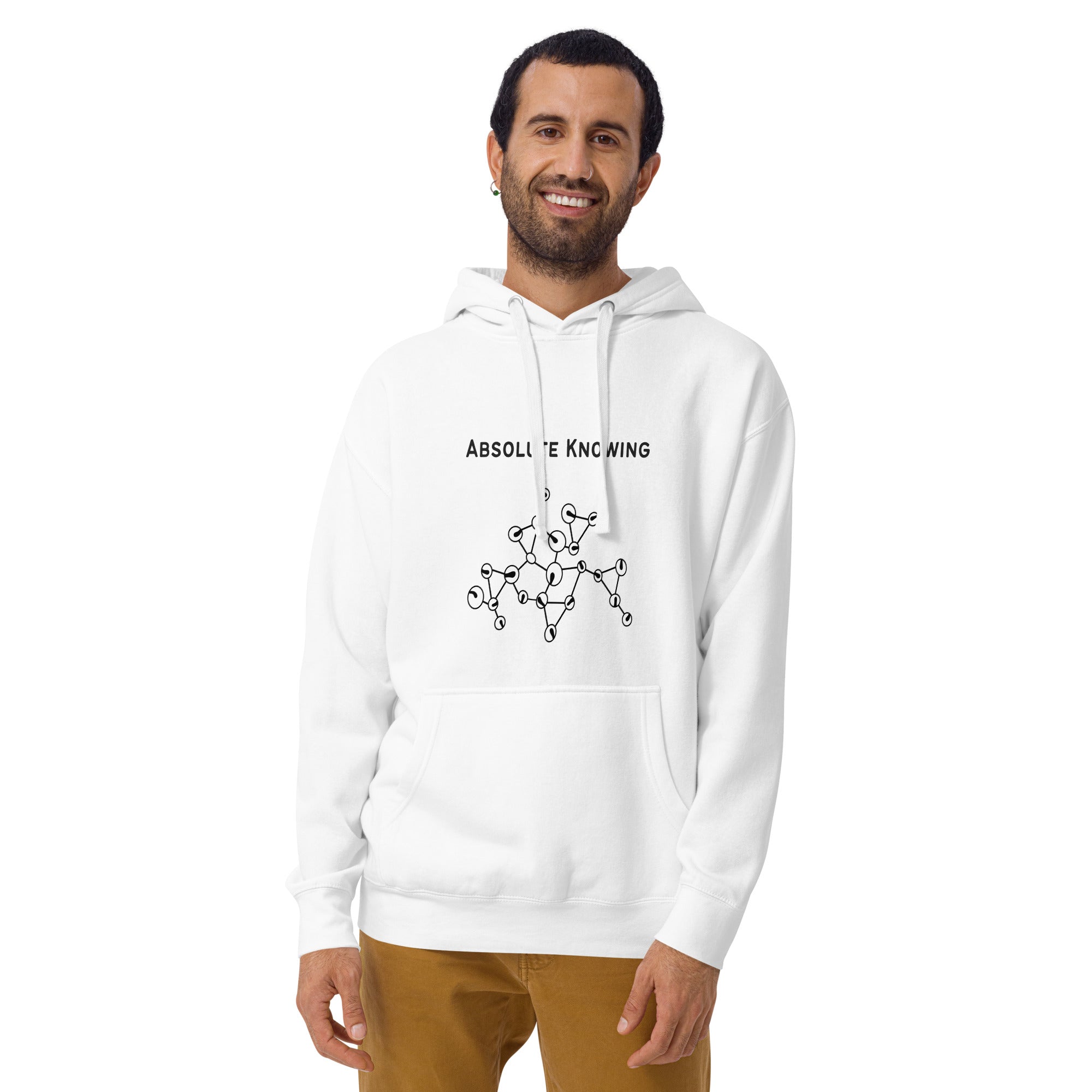 Unisex hoodie featuring the phrase “Absolute Knowing” above an abstract molecular-style line illustration.