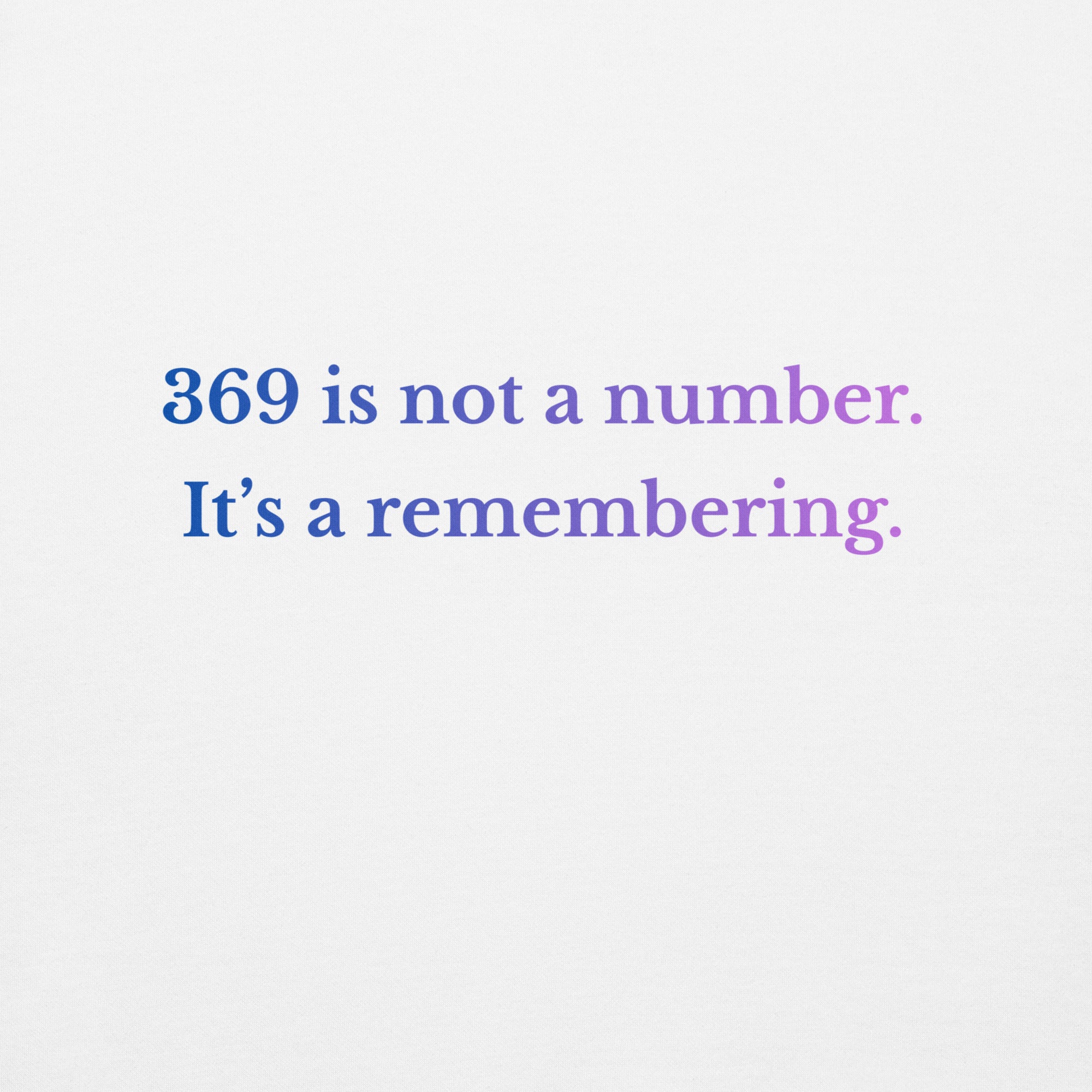 Close-up of the phrase “369 is not a number. It’s a remembering.” printed in soft blue and lavender tones on a white hoodie.