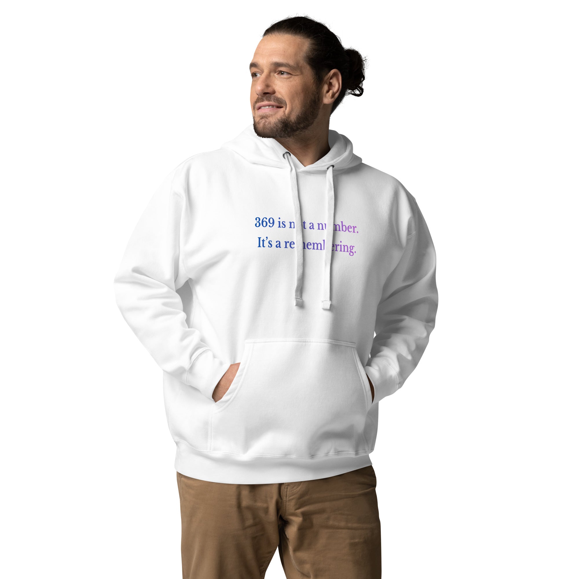 Unisex hoodie featuring the text “369 is not a number. It’s a remembering.” in a blue-to-lavender gradient.
