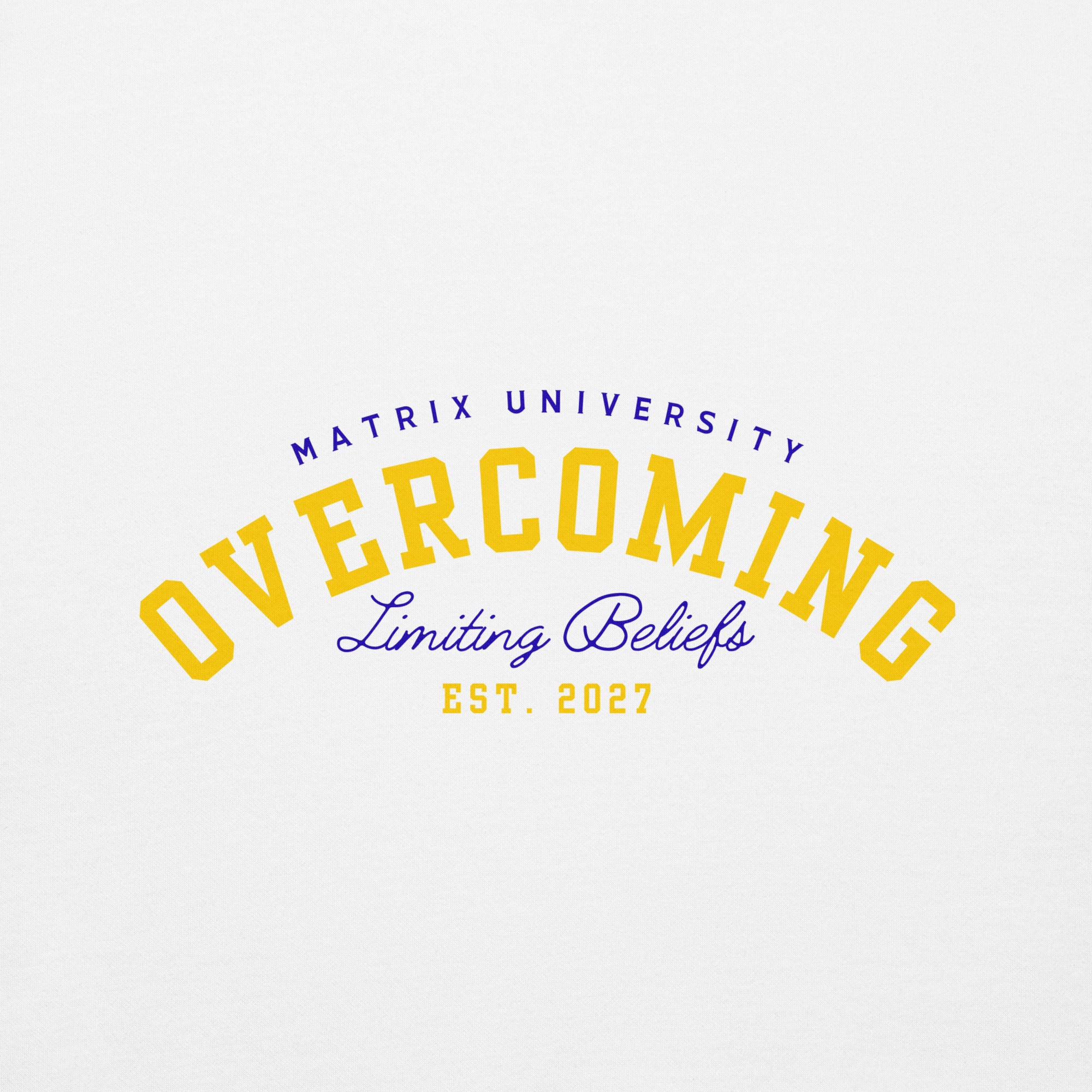 Close-up of chest graphic with layered typography: Matrix University, Overcoming, Limiting Beliefs, Est. 2027 on the front of a unisex hoodie.