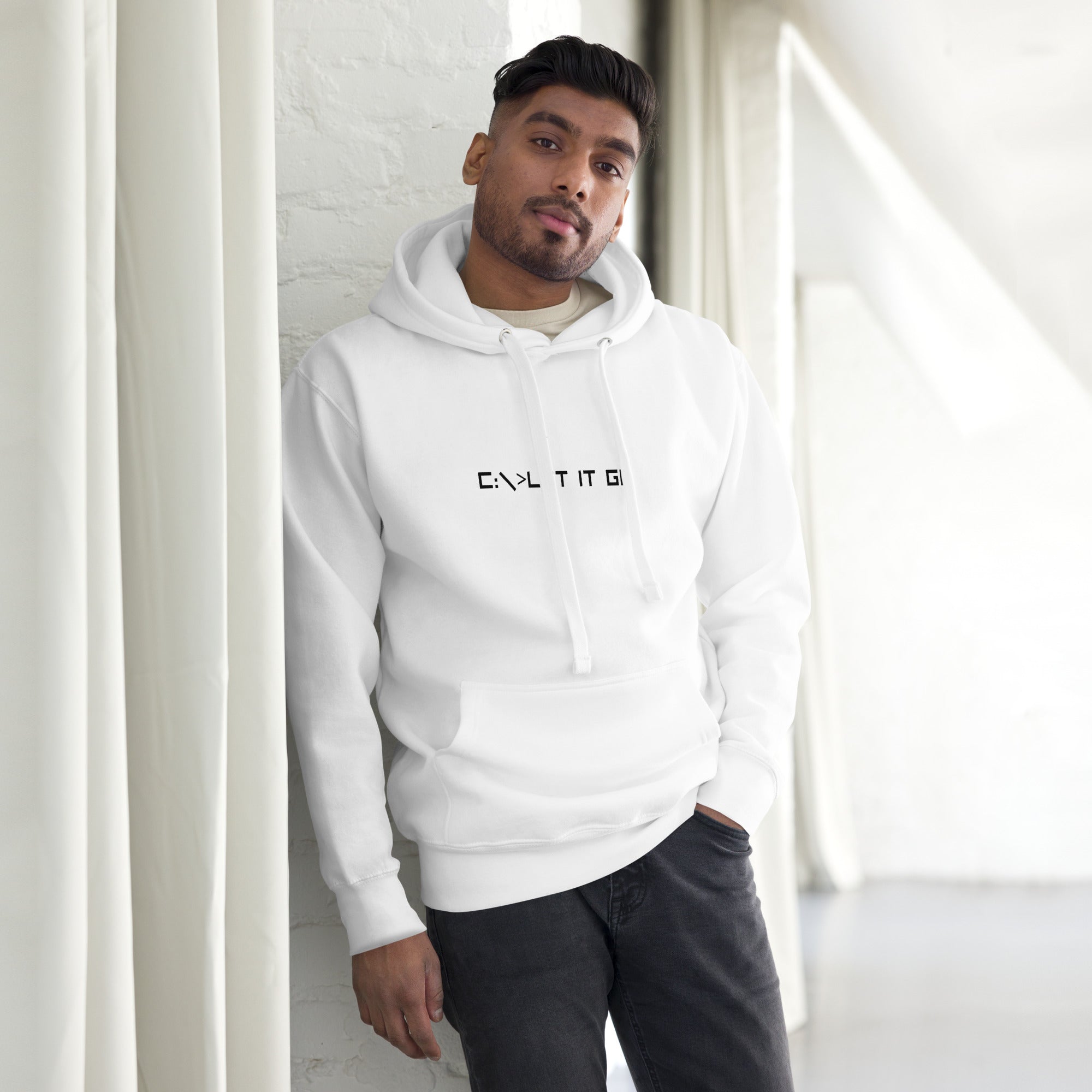 Unisex hoodie featuring the phrase 'C:\>LET IT GO' in DOS computer-style text.