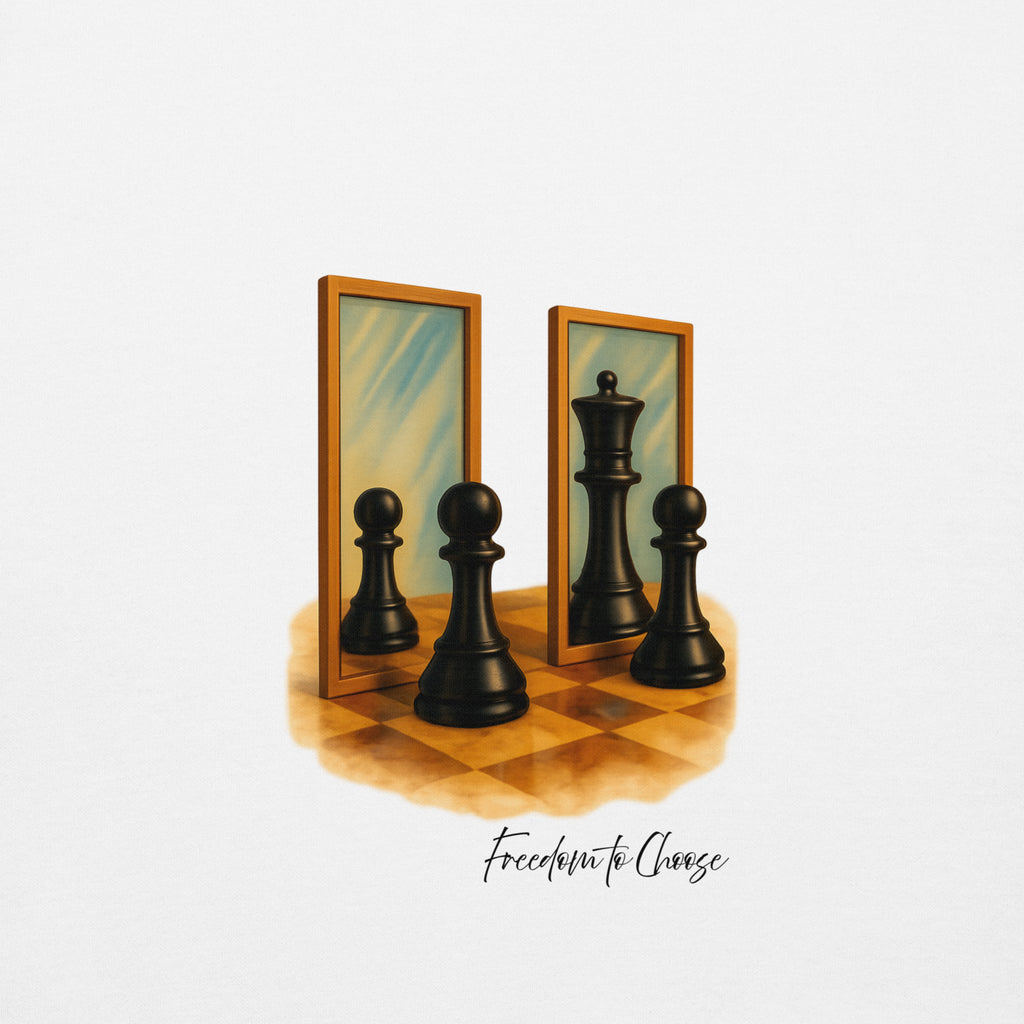 Close-up of chess-inspired artwork showing pawns reflected in mirrors.