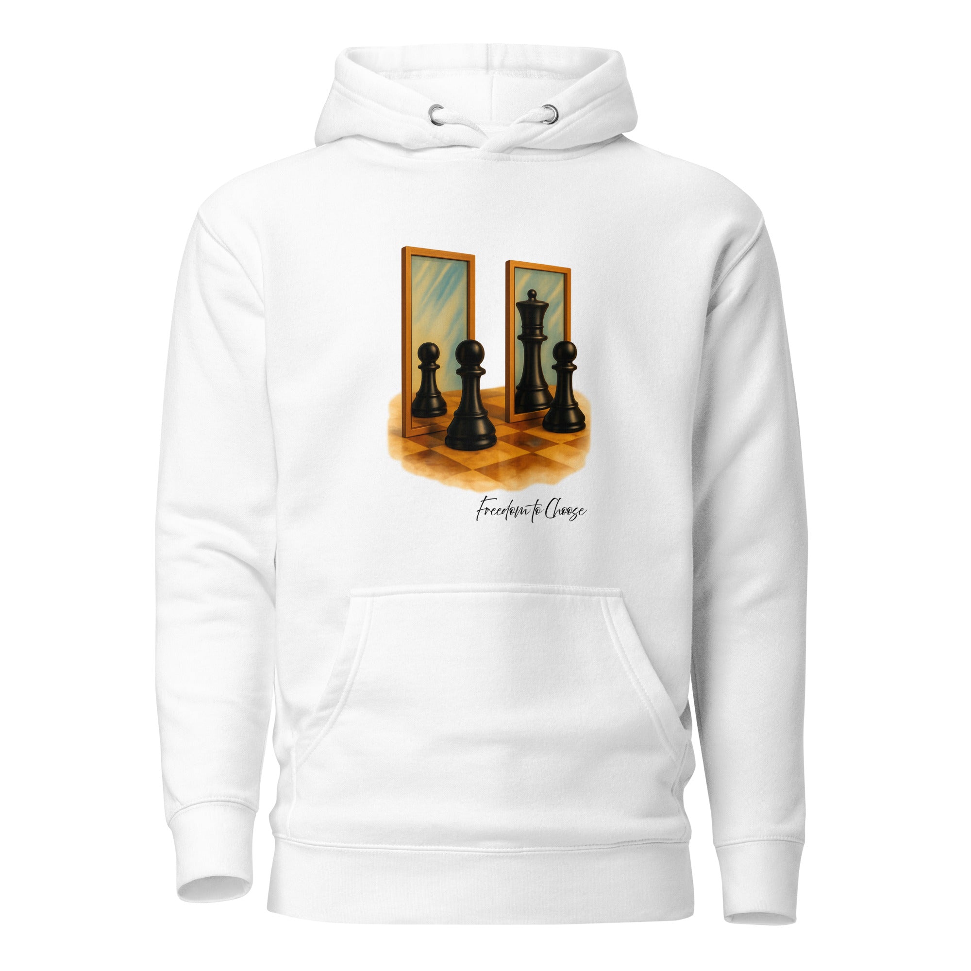 White unisex hoodie featuring a symbolic chessboard design with pawns facing mirrors.