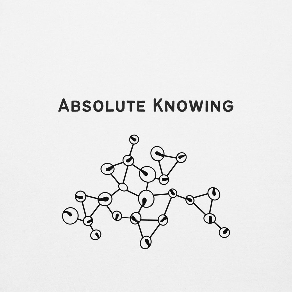 Close-up view of the phrase “Absolute Knowing” with an abstract interconnected line illustration on white fabric.
