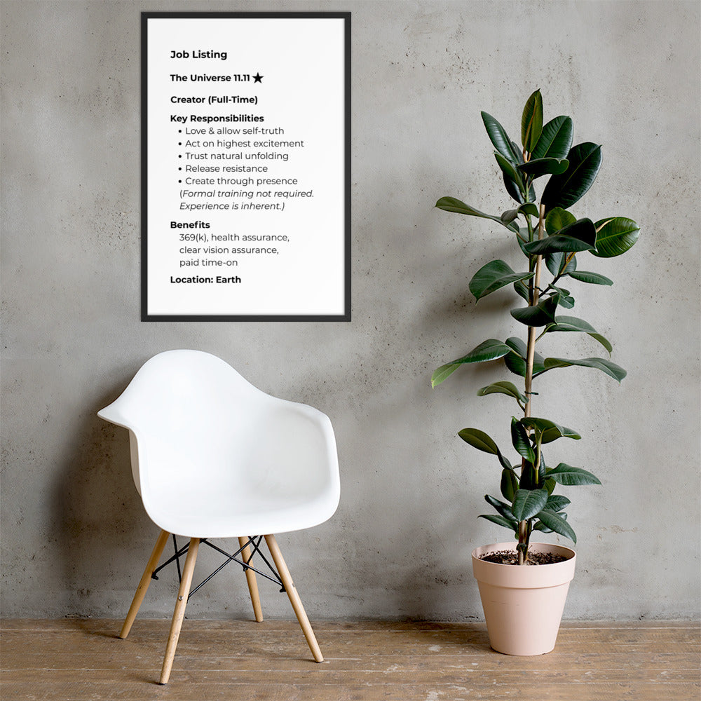 Framed poster styled as a job listing titled “Creator,” featuring minimalist text about purpose, presence, and self-trust.