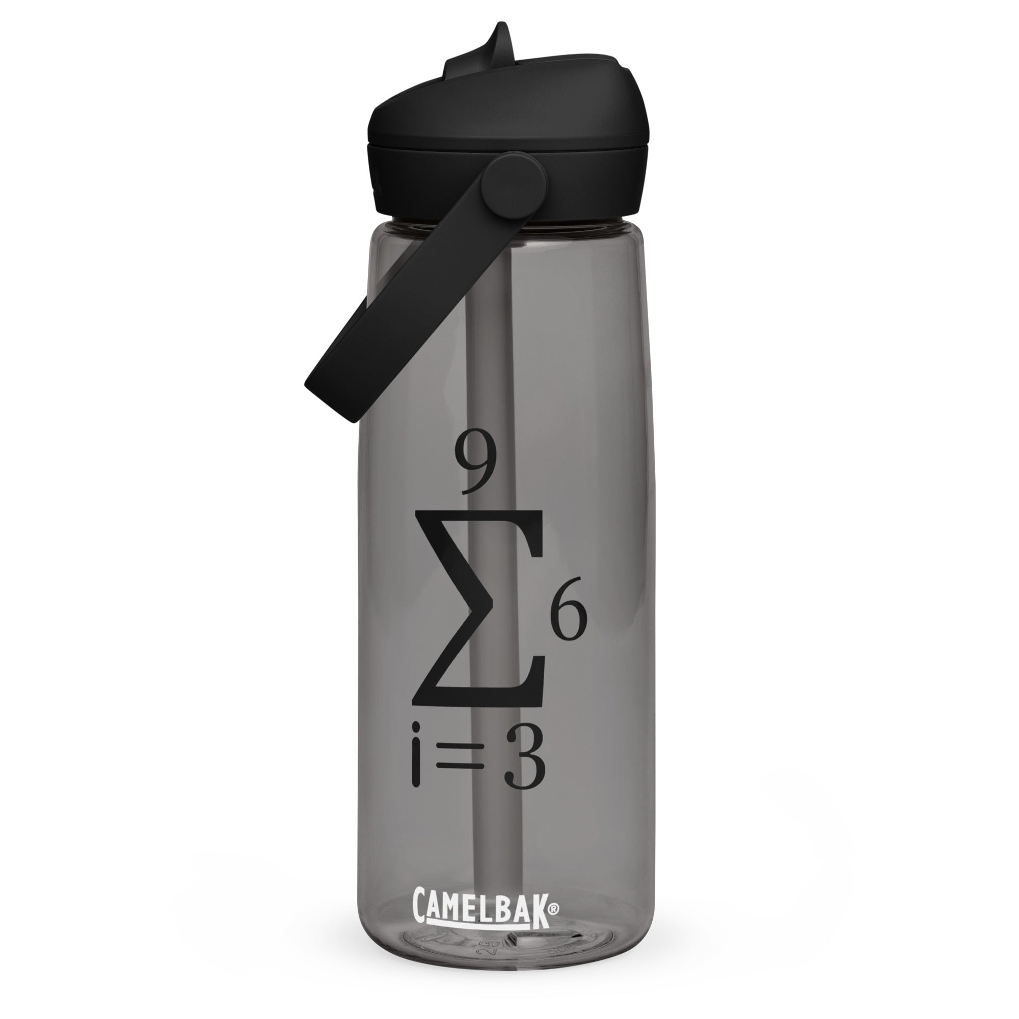 Charcoal flip straw water bottle featuring the 369 summation design.