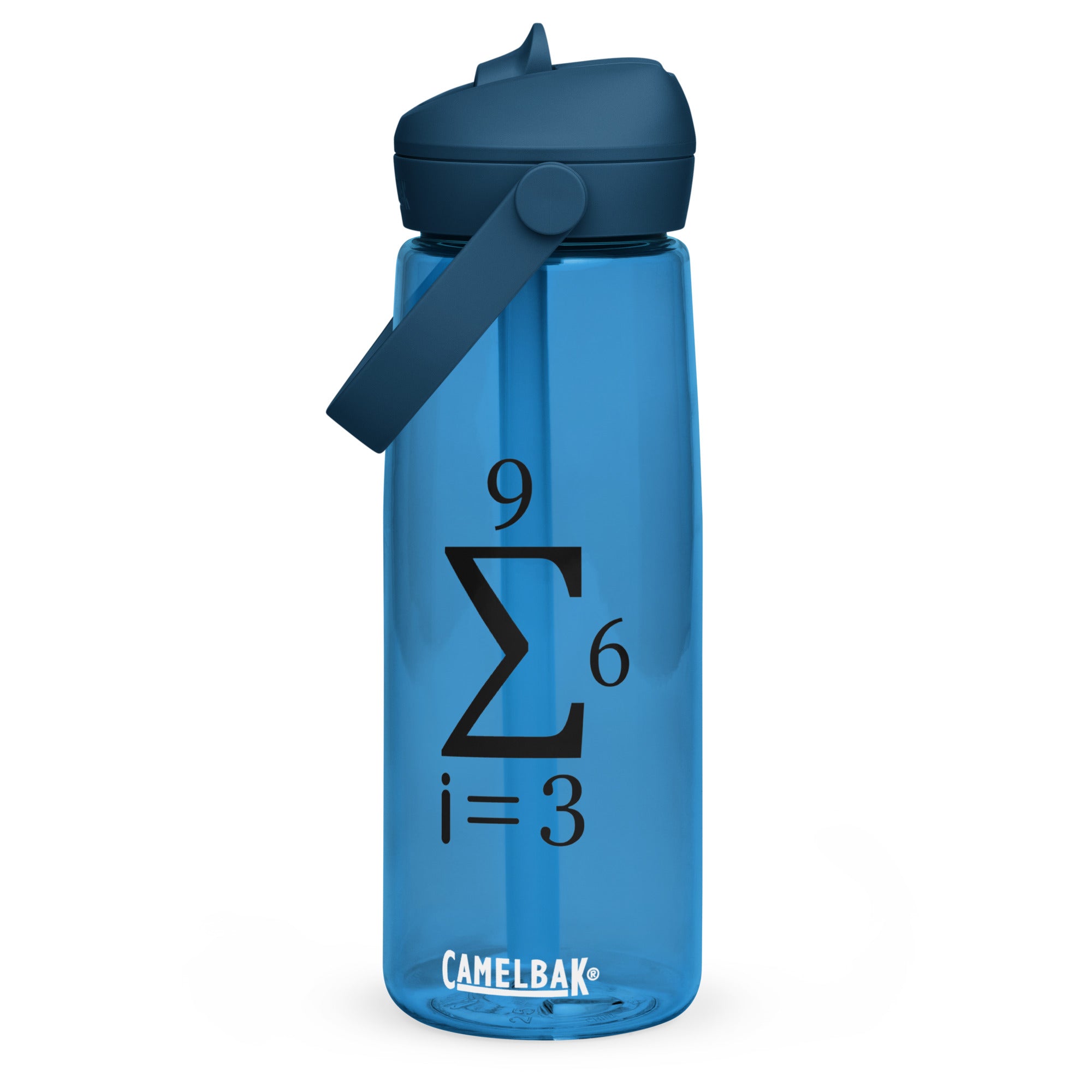 Blue flip straw water bottle featuring the 369 summation design.