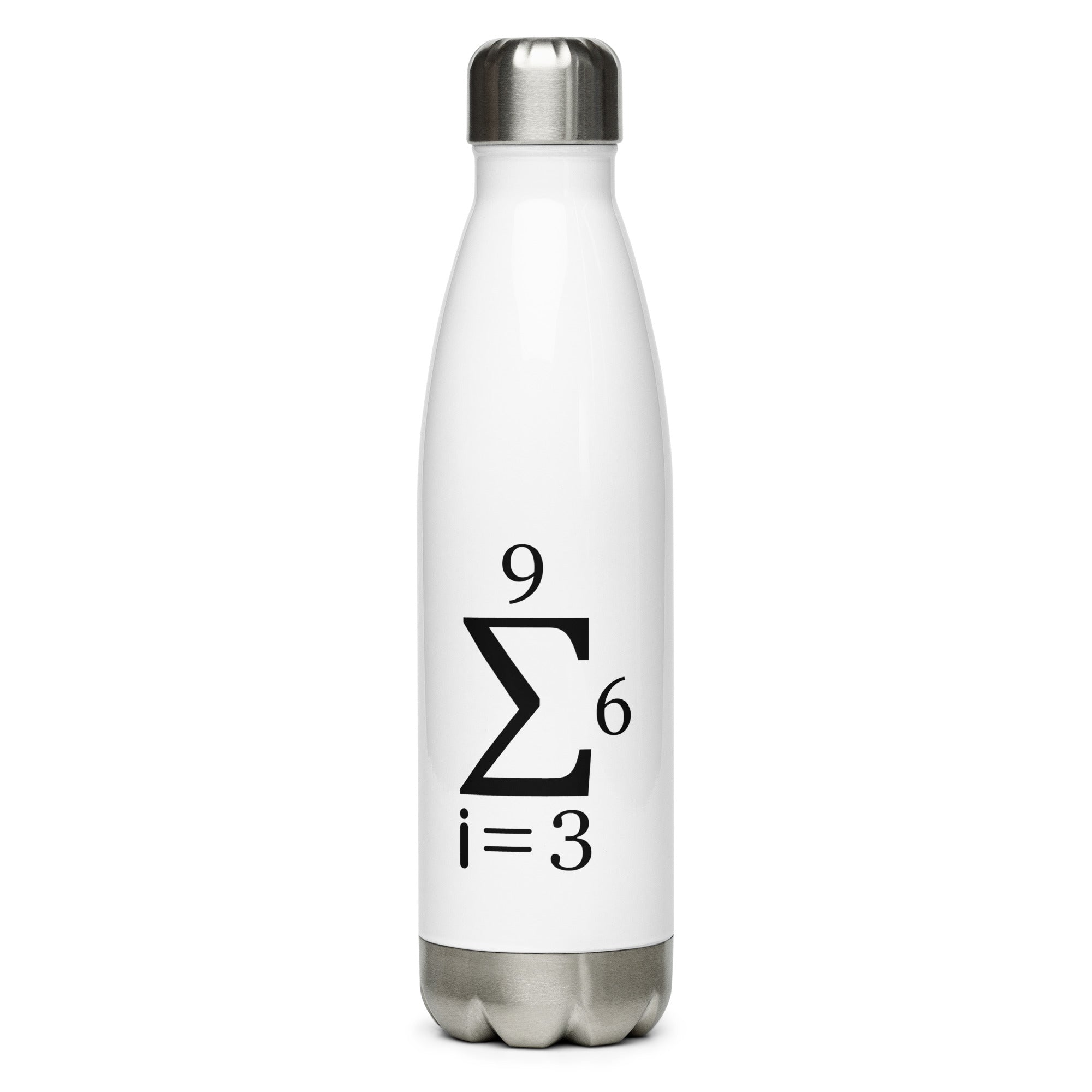 Stainless steel water bottle featuring the 369 summation symbol.