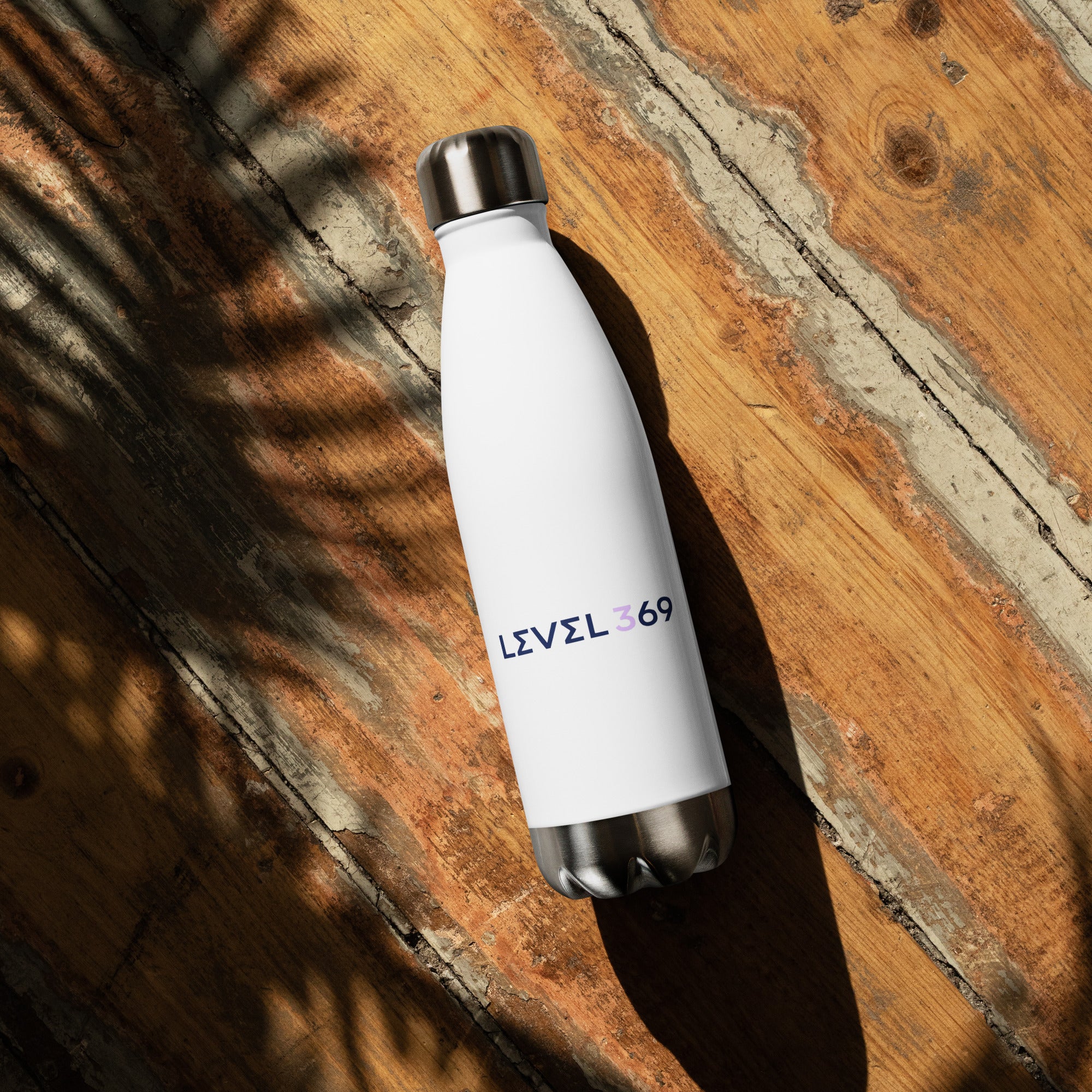 Stainless steel water bottle featuring the Level 369 logo.