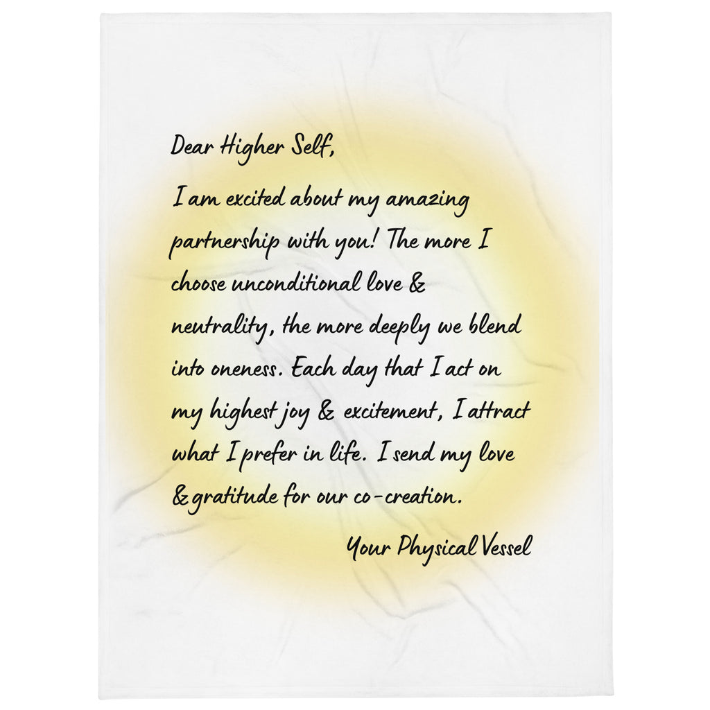 Affirmation blanket featuring handwritten-style text addressed to the higher self on a soft pastel watercolor background.
