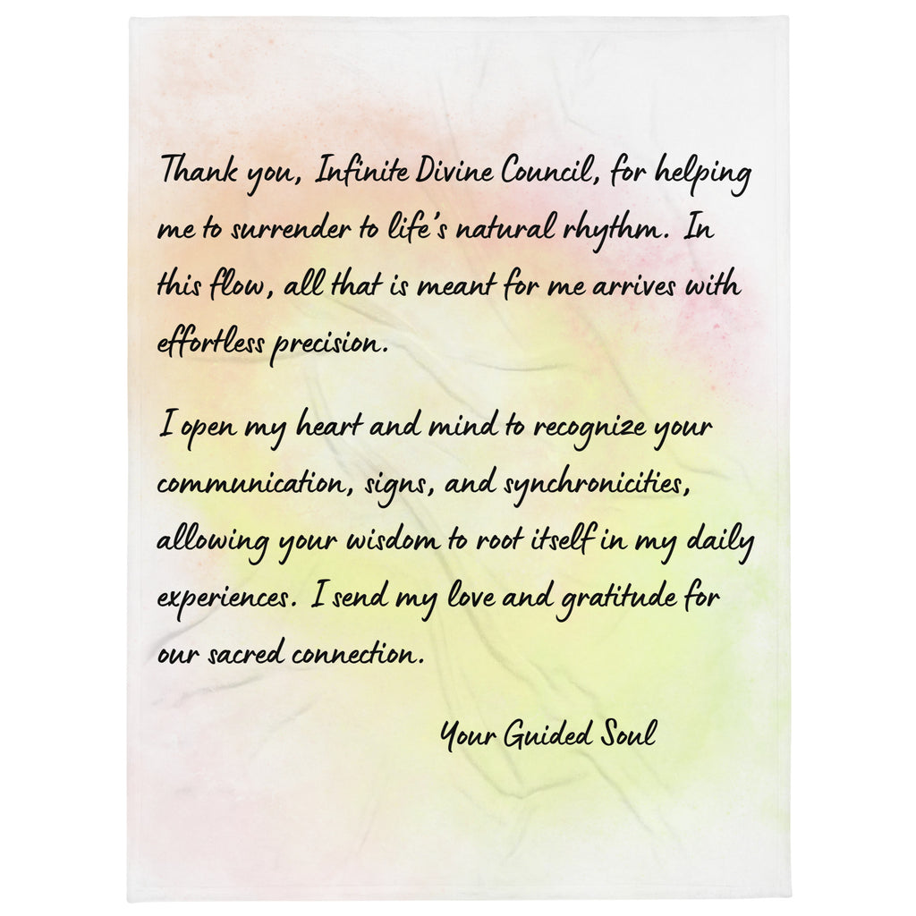 Affirmation blanket featuring handwritten-style text about surrender, flow, gratitude, and divine guidance on a soft pastel watercolor background.
